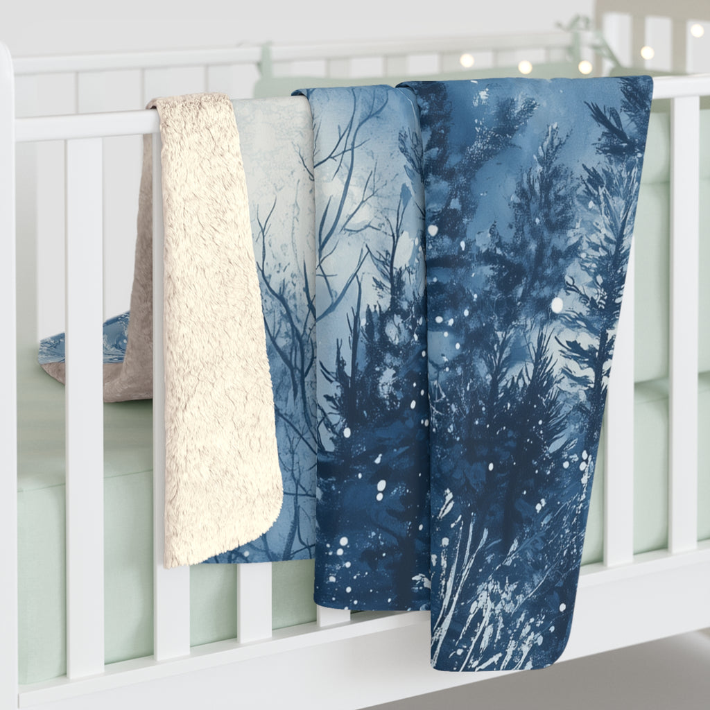 Blue Snowy Forest Sherpa Fleece Blanket