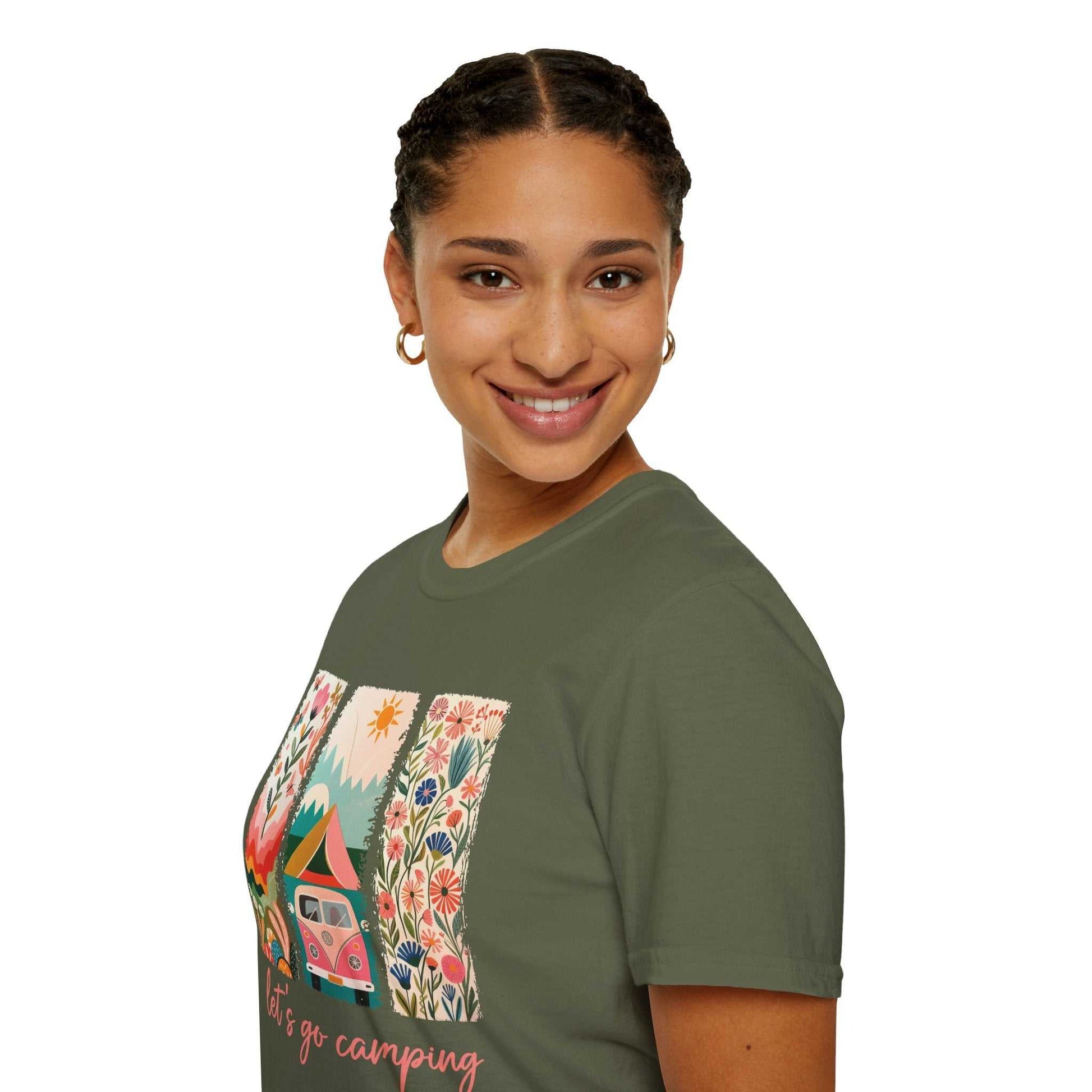 Unisex softstyle t-shirt in olive green with colorful camping adventure design and short sleeves