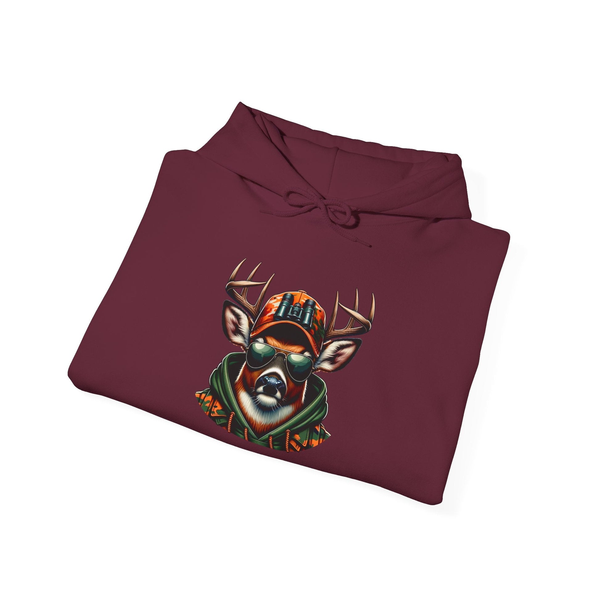 Maroon hooded sweatshirt with bold deer graphic wearing sunglasses and hunting cap