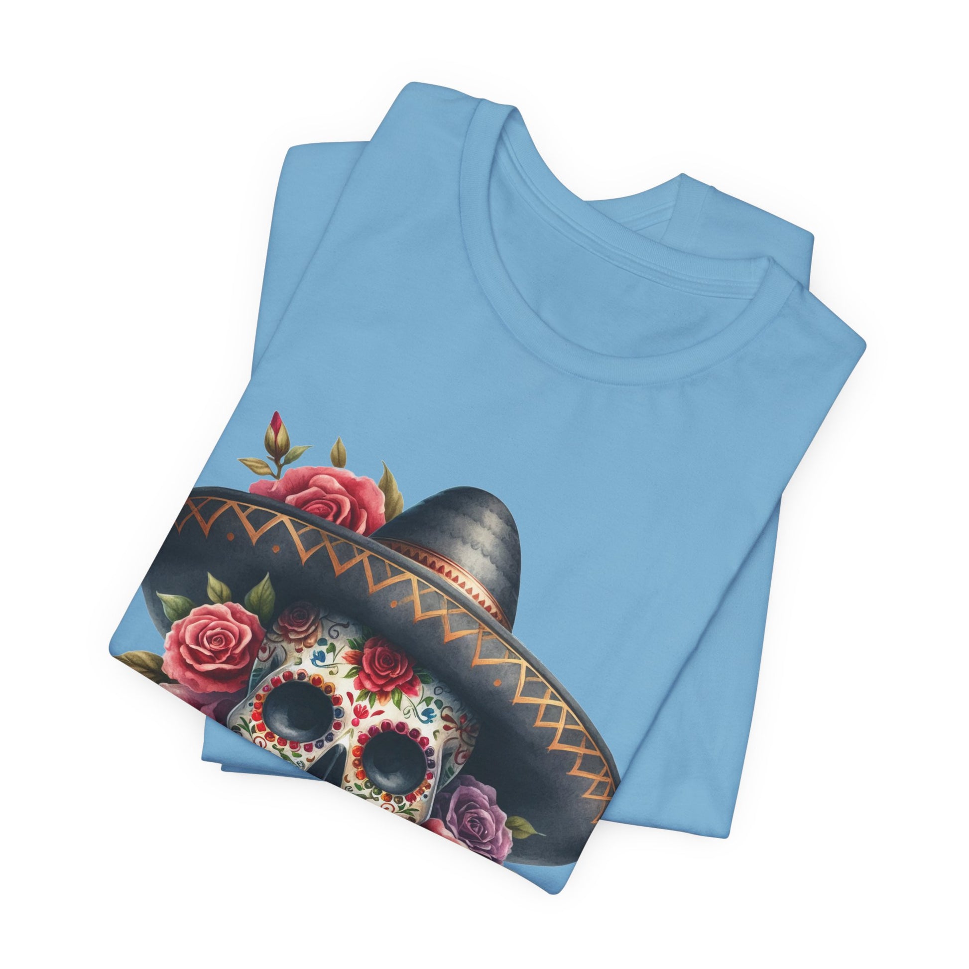 Colorful tee featuring a sugar skull in sombrero and roses for vibrant fiesta vibes