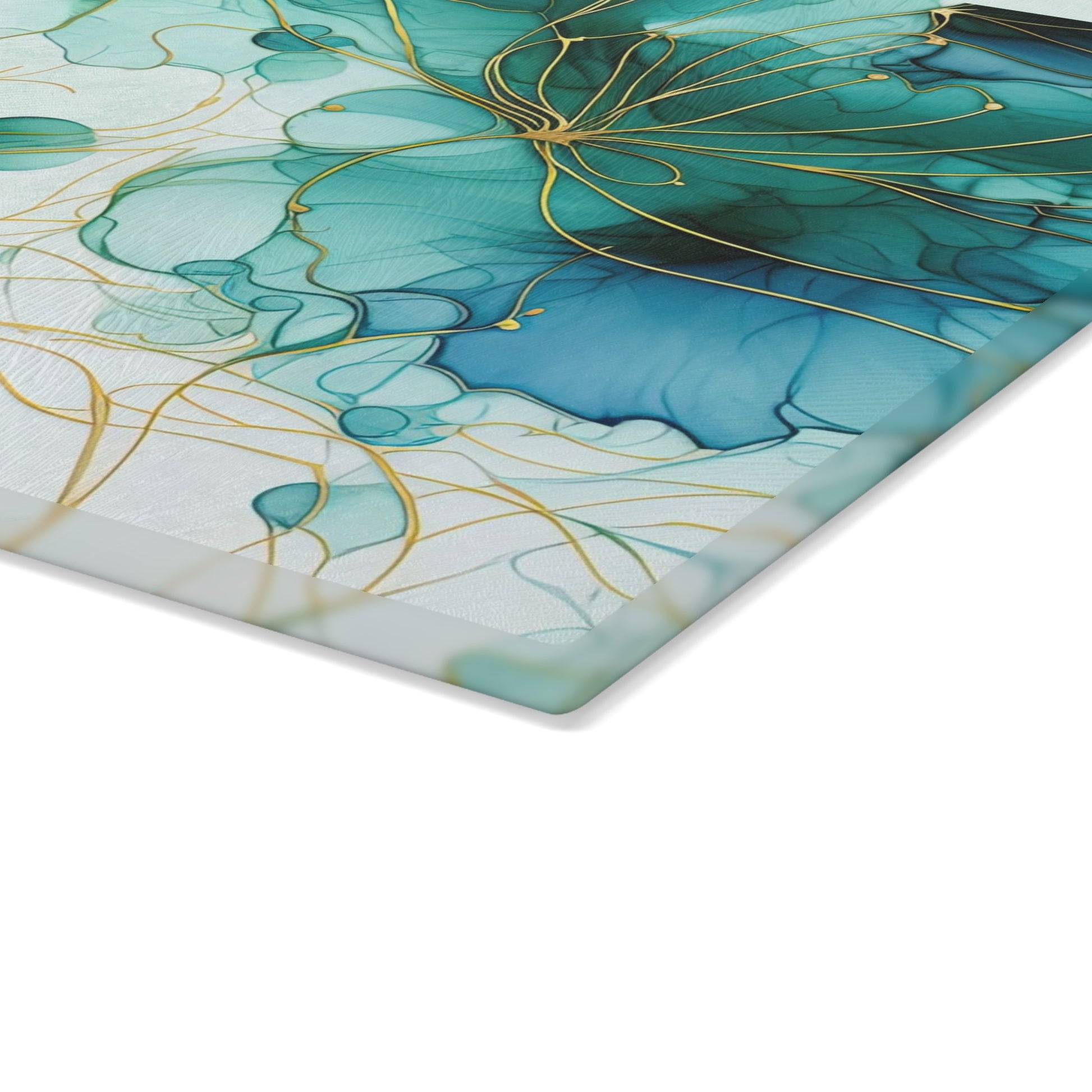 Teal Floral Glass Cutting Board – Elegant Gold Line Art Kitchen Decor