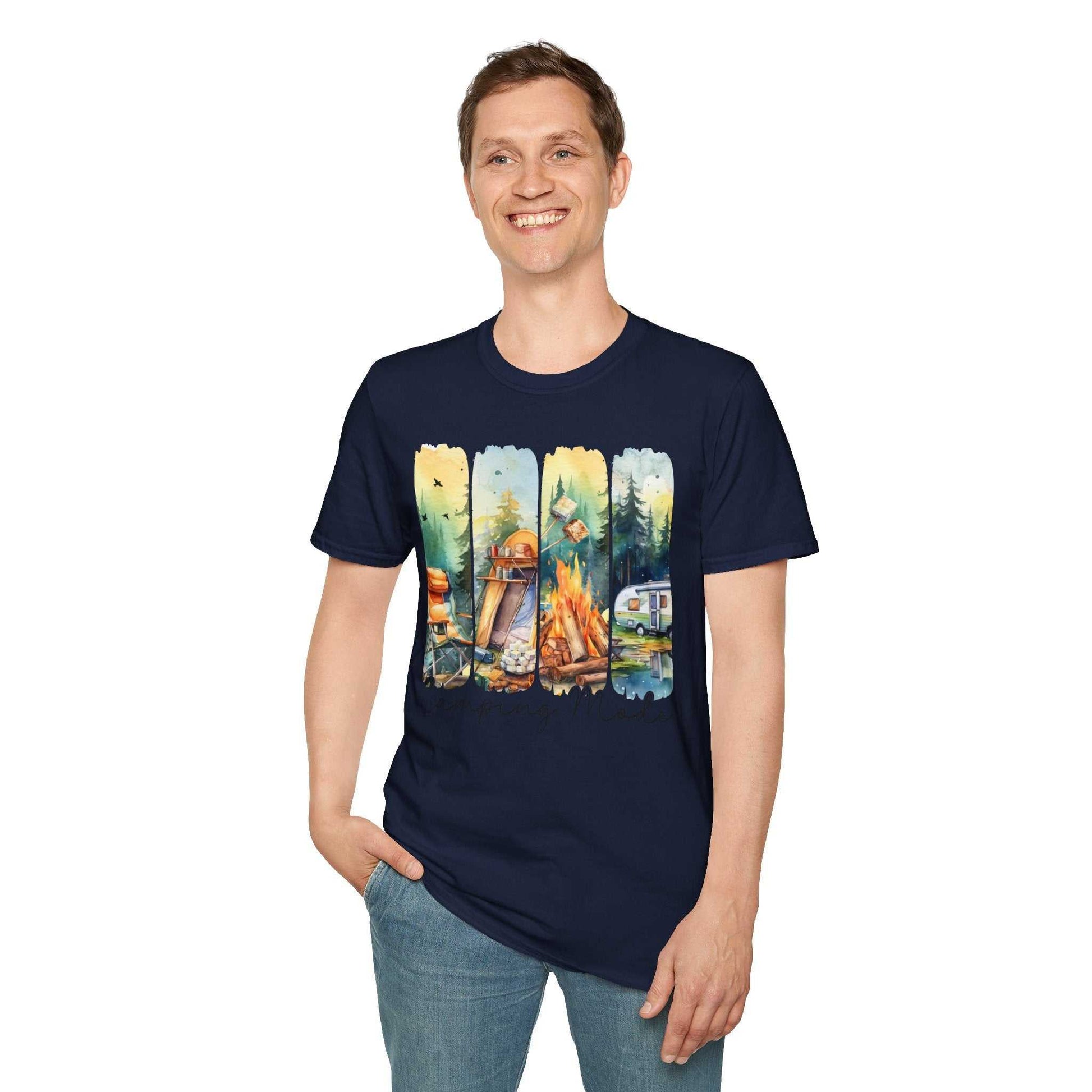 Man wearing navy Camping Adventure Unisex T-Shirt with colorful camping scenes print on front