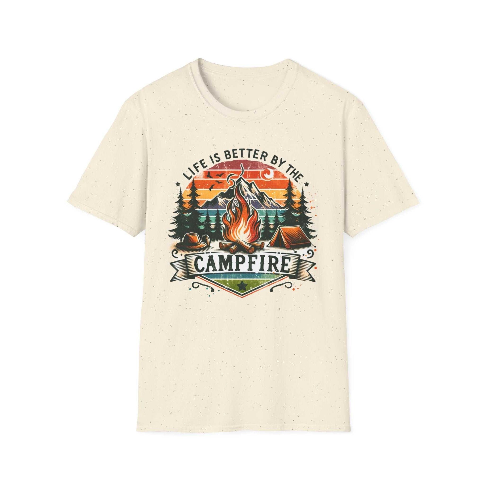 Unisex camping adventure t-shirt with "Life is Better by the Campfire" design featuring a campfire, trees, tents, and sunset.