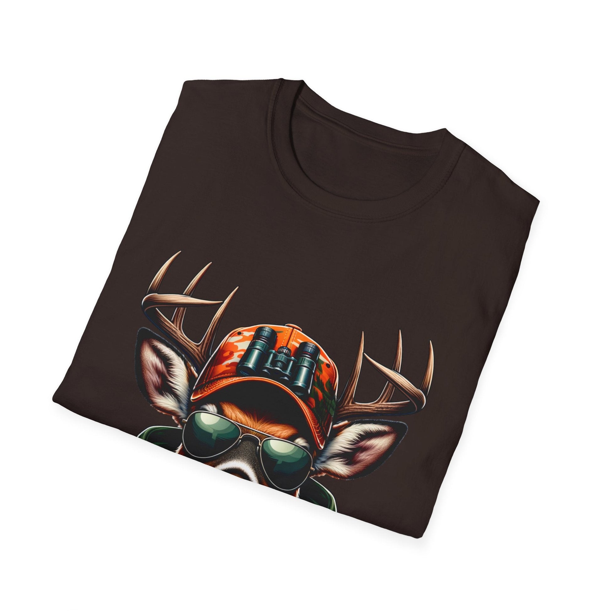 Hunting Enthusiast T-Shirt featuring a deer with antlers wearing a camo hat and sunglasses on a dark fabric background