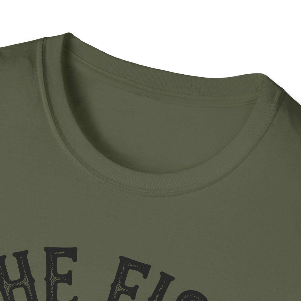close-up of olive green unisex softstyle t-shirt with the fish whisperer graphic design on the front