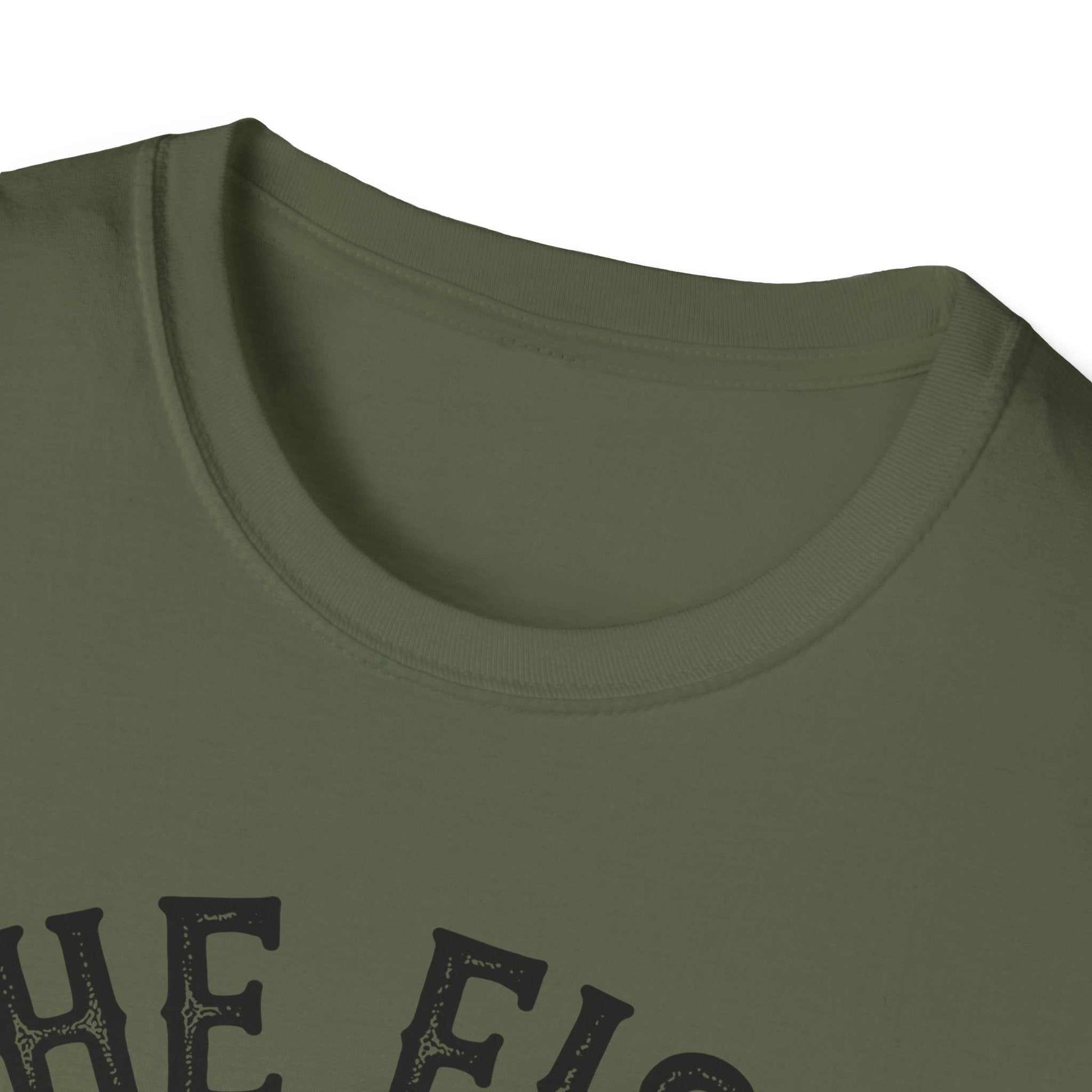 close-up of olive green unisex softstyle t-shirt with the fish whisperer graphic design on the front