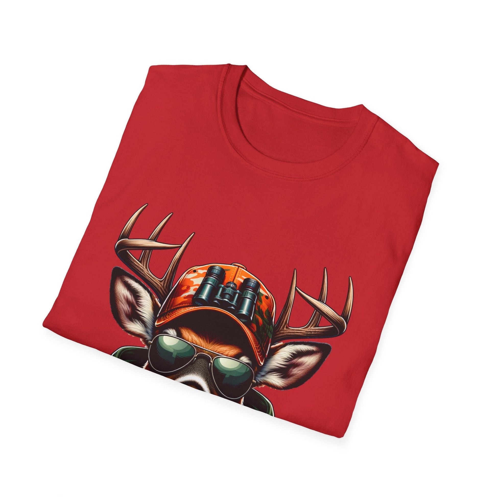 Red Hunting Enthusiast T-Shirt featuring a cool deer with antlers wearing a camo cap and sunglasses design