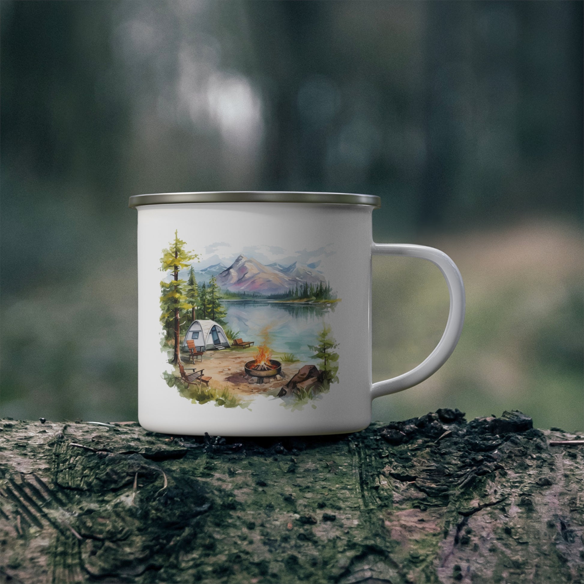 Lakefront Camping Enamel Mug with Mountains and A-Frame Tent Art