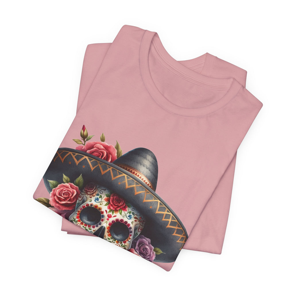 Colorful tee featuring a sugar skull in sombrero and roses for vibrant fiesta vibes