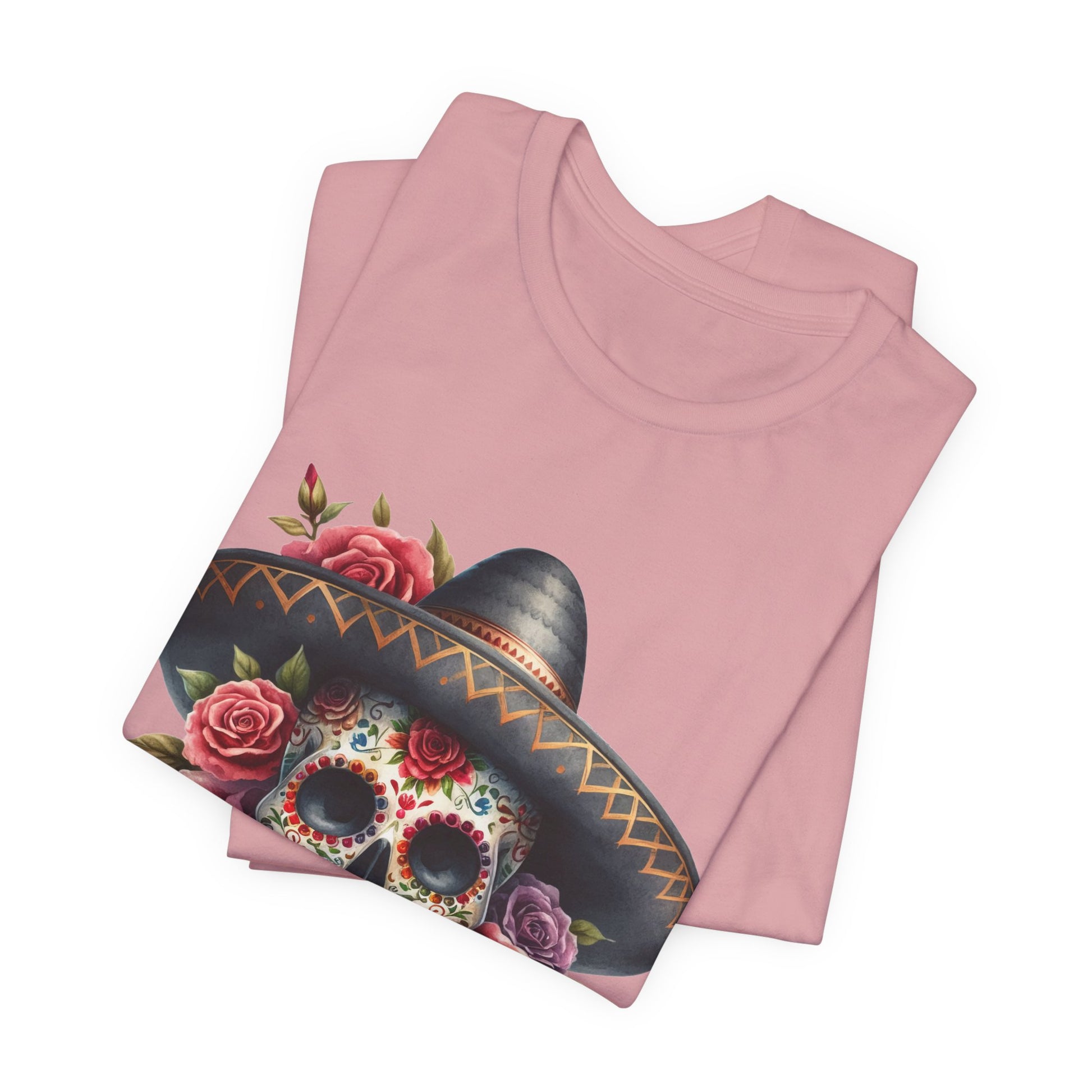 Colorful tee featuring a sugar skull in sombrero and roses for vibrant fiesta vibes