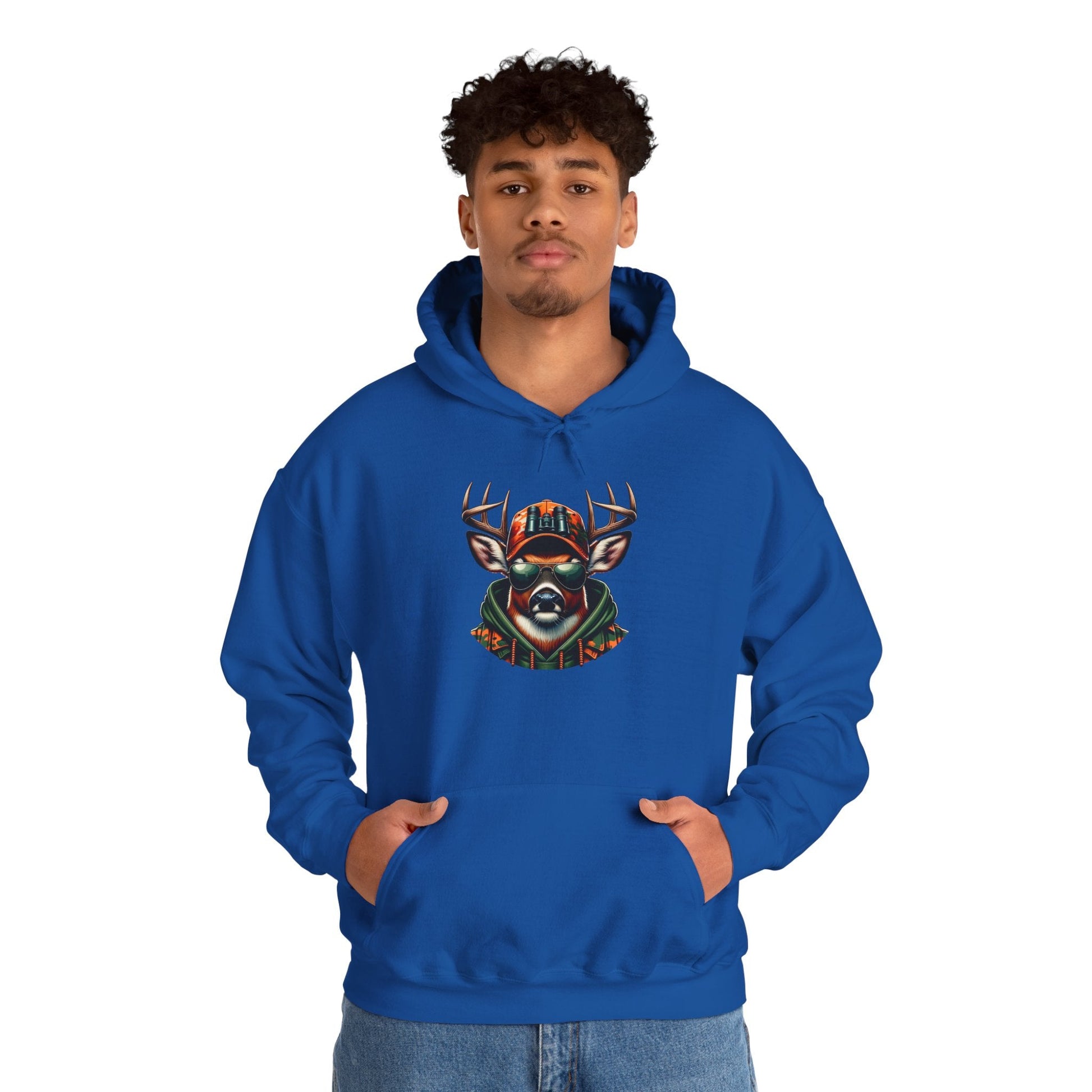 Blue hooded sweatshirt with bold deer graphic worn by male model with kangaroo pocket and drawstring hood