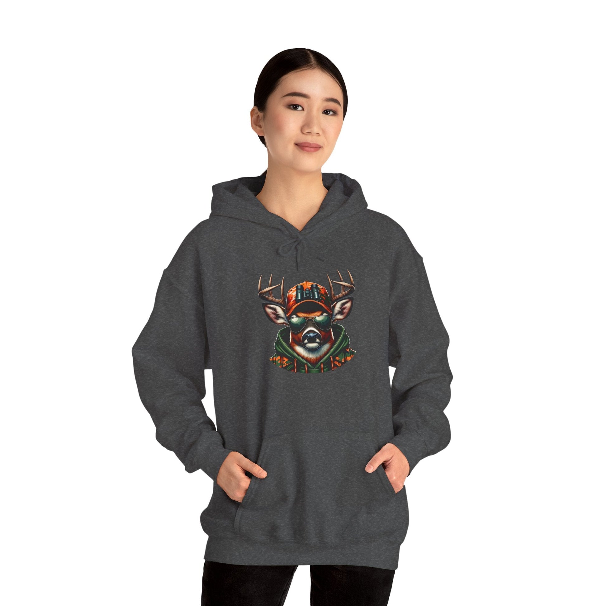 Unisex dark gray hooded sweatshirt with bold colorful deer design and kangaroo pouch pocket