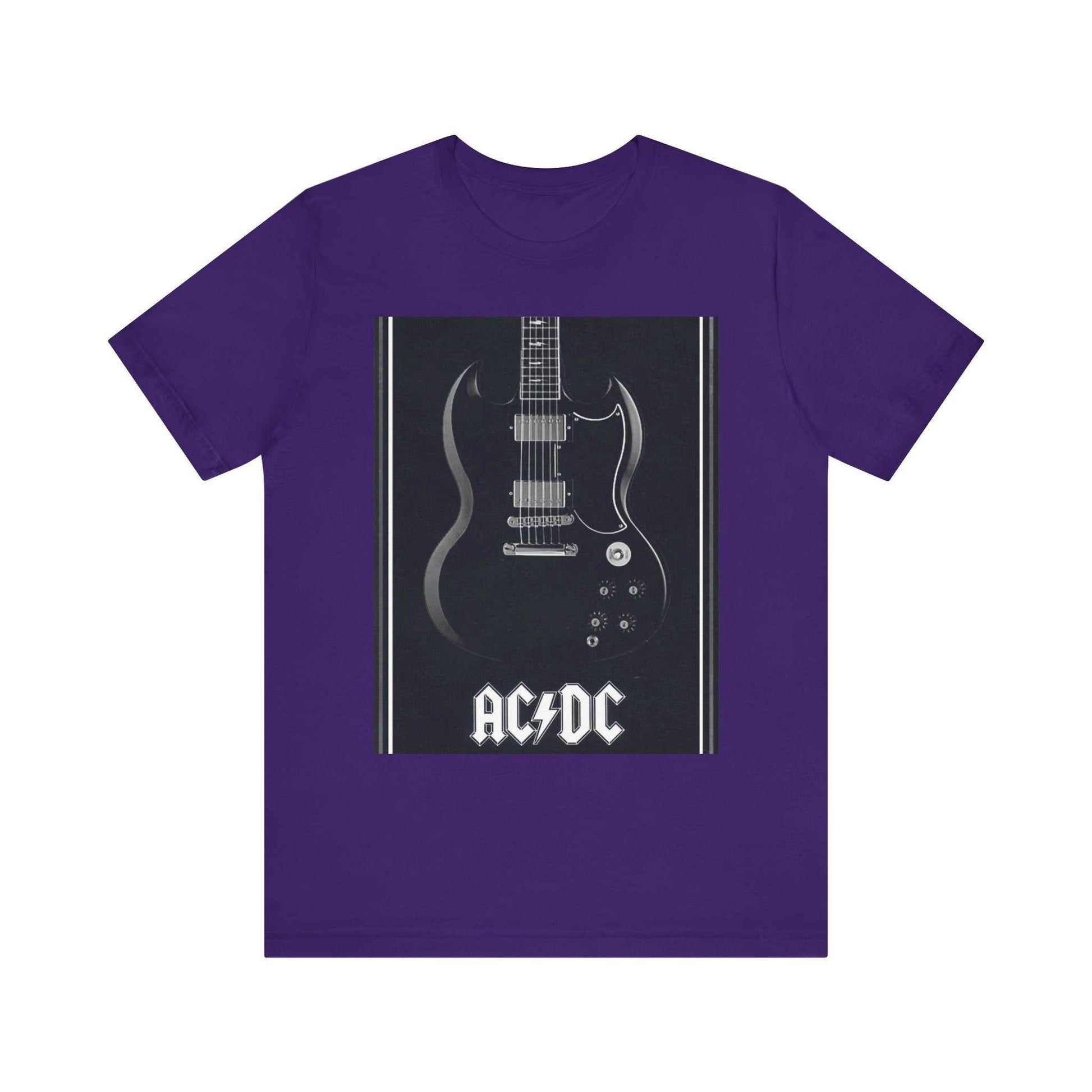Purple unisex rock guitar graphic tee with AC/DC design, made from lightweight cotton.
