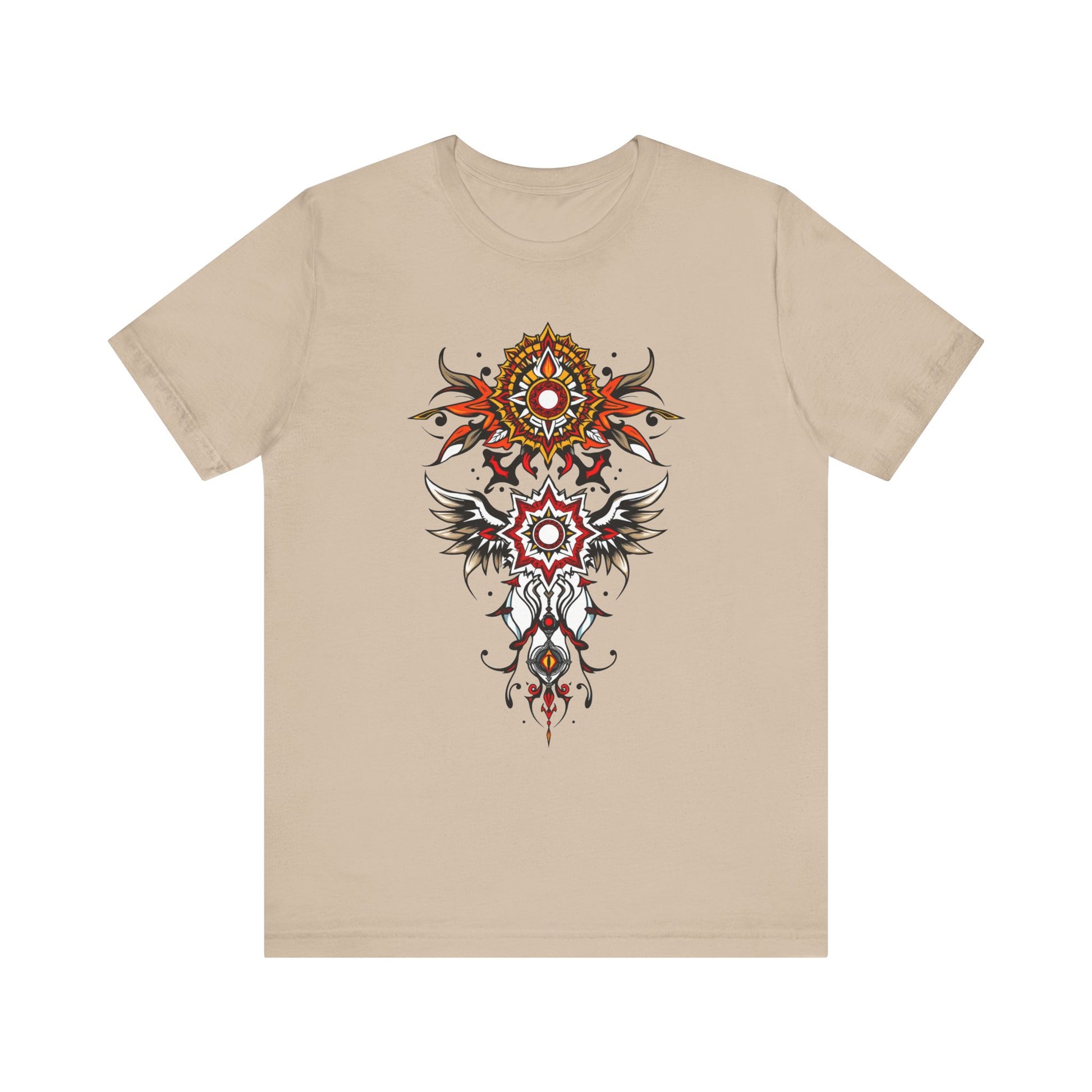 Turn heads in this tee, available in vibrant colors, showcasing a fiery red and gold tribal mandala for bold, artistic style