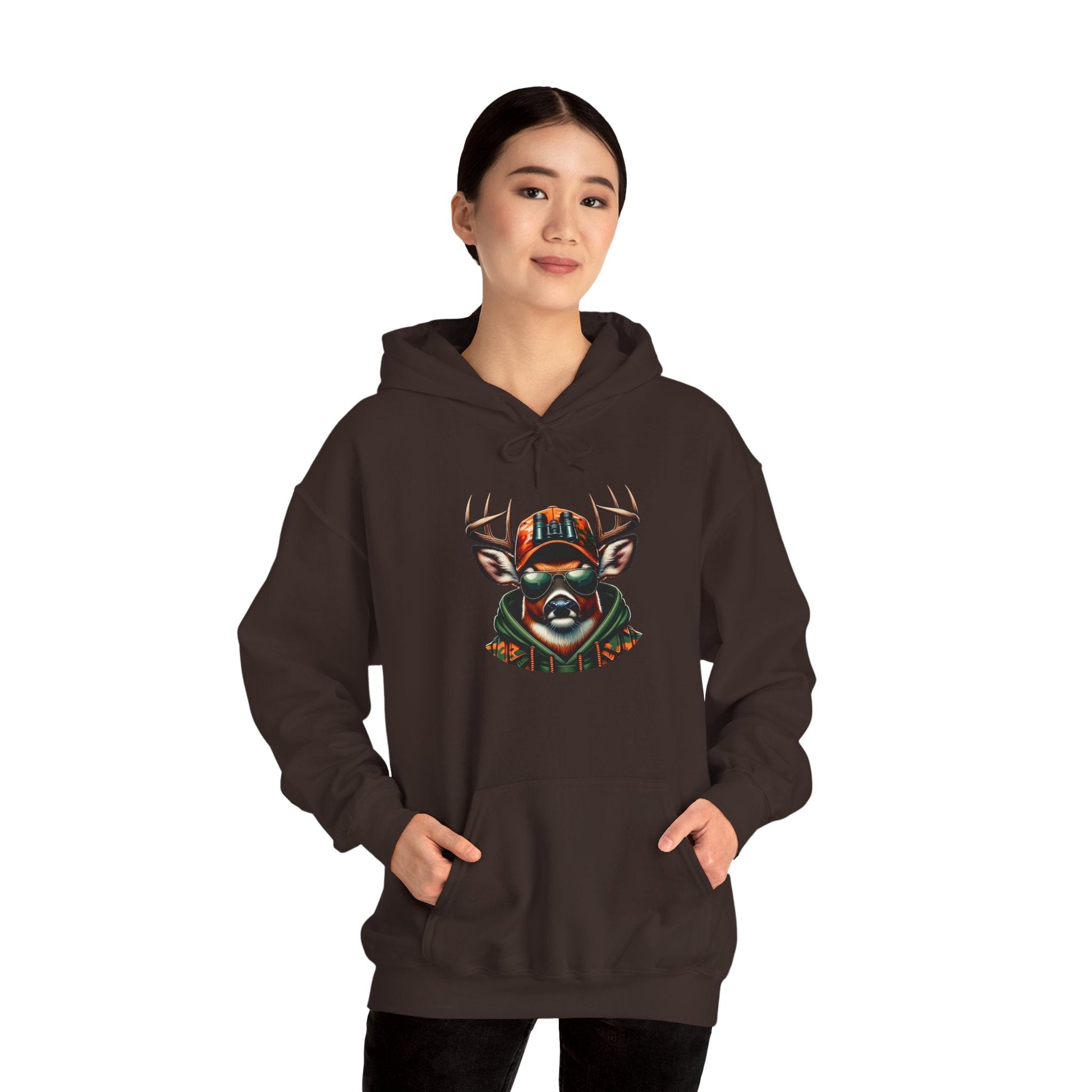 woman wearing dark brown hooded sweatshirt with bold deer design and kangaroo pocket