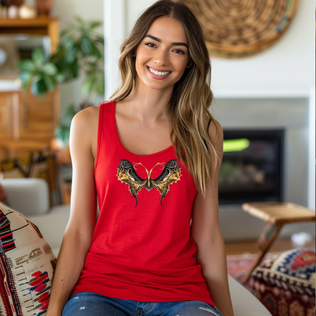 Racerback tank with an elegant black and gold butterfly for chic, artistic flair