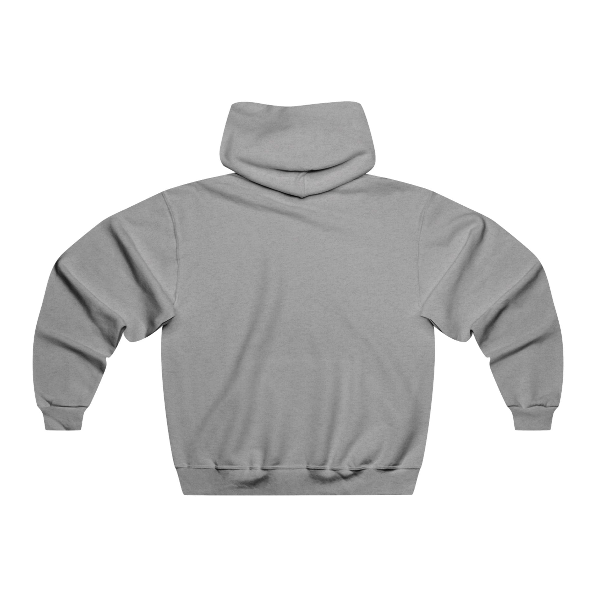 Back view of grey Wilderness Wolf Hoodie for men with adjustable hood and kangaroo pocket.