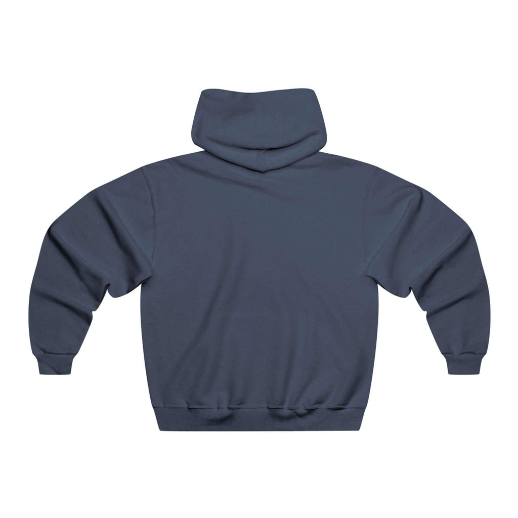Back view of navy blue Wilderness Wolf Hoodie with adjustable hood and long sleeves.