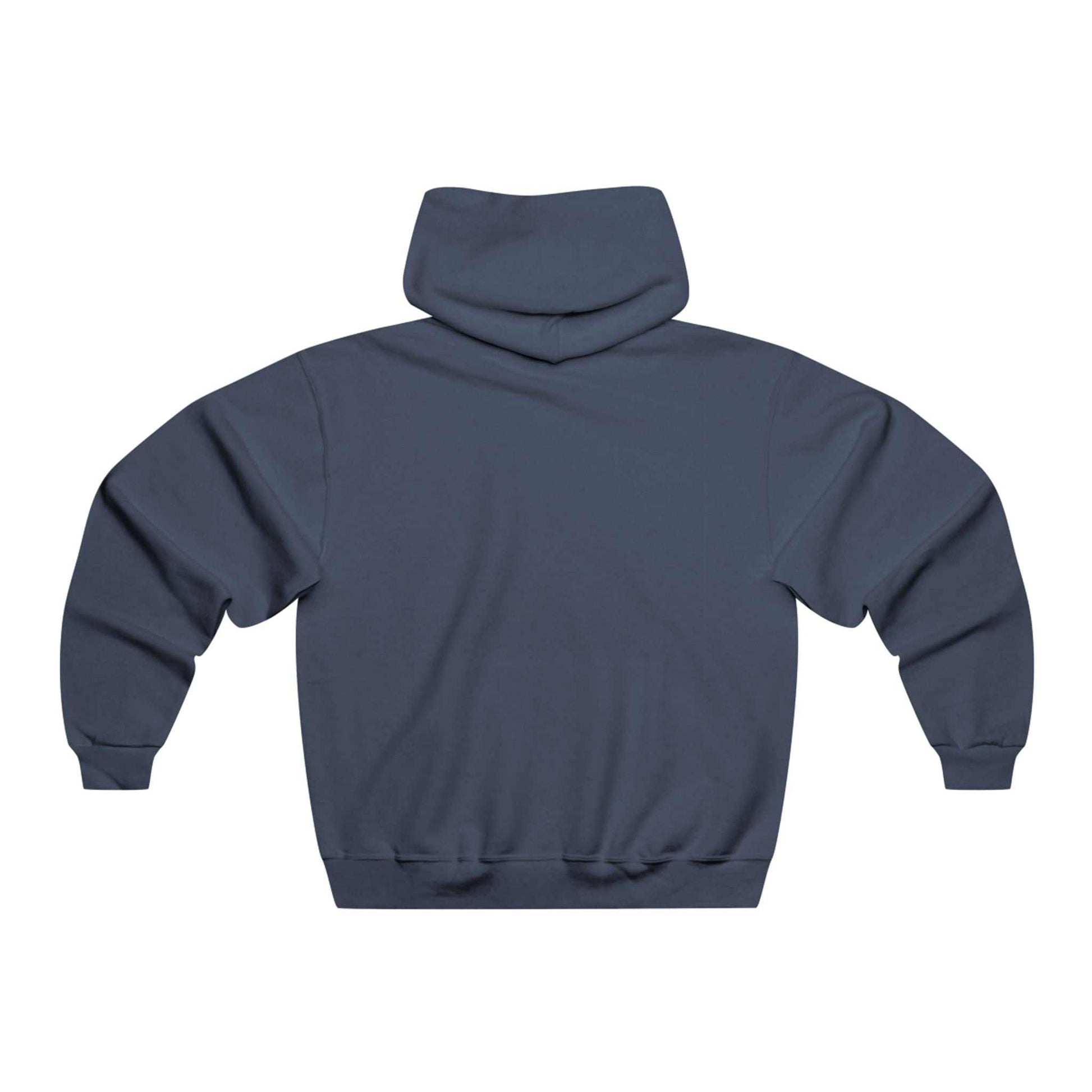 Back view of navy blue Wilderness Wolf Hoodie with adjustable hood and long sleeves.