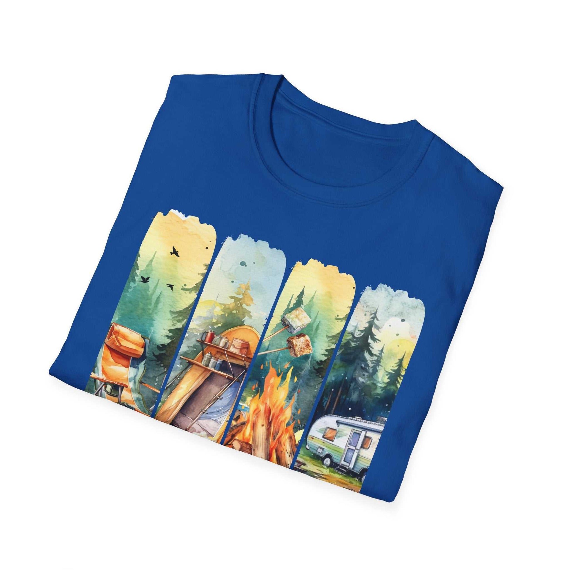 Blue Camping Adventure Unisex T-Shirt with outdoor camping design including tent, campfire, and camper van