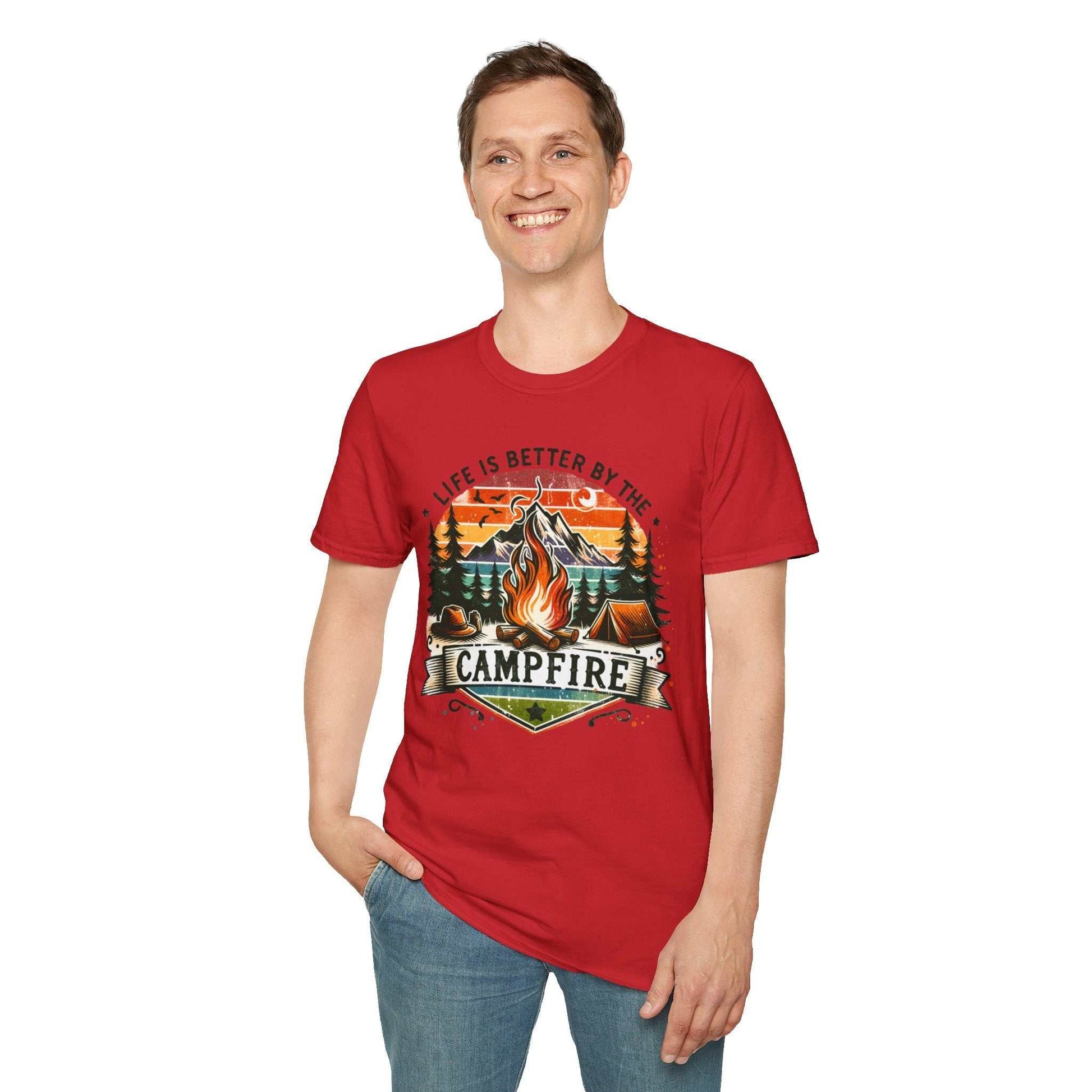 Man wearing red Camping Adventure Unisex T-Shirt with campfire and nature design, smiling