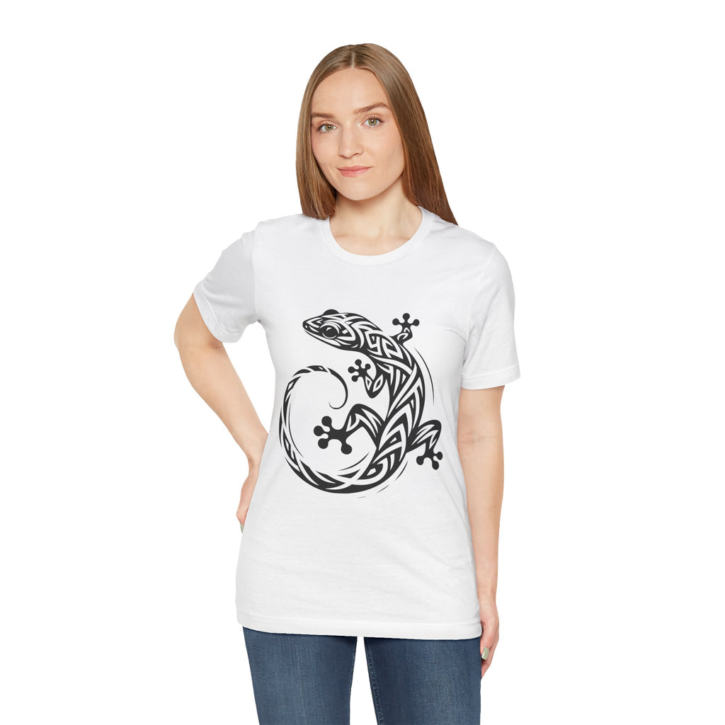 Tribal Gecko Tee – Bold Lizard Tattoo Art on Crisp White T-Shirt