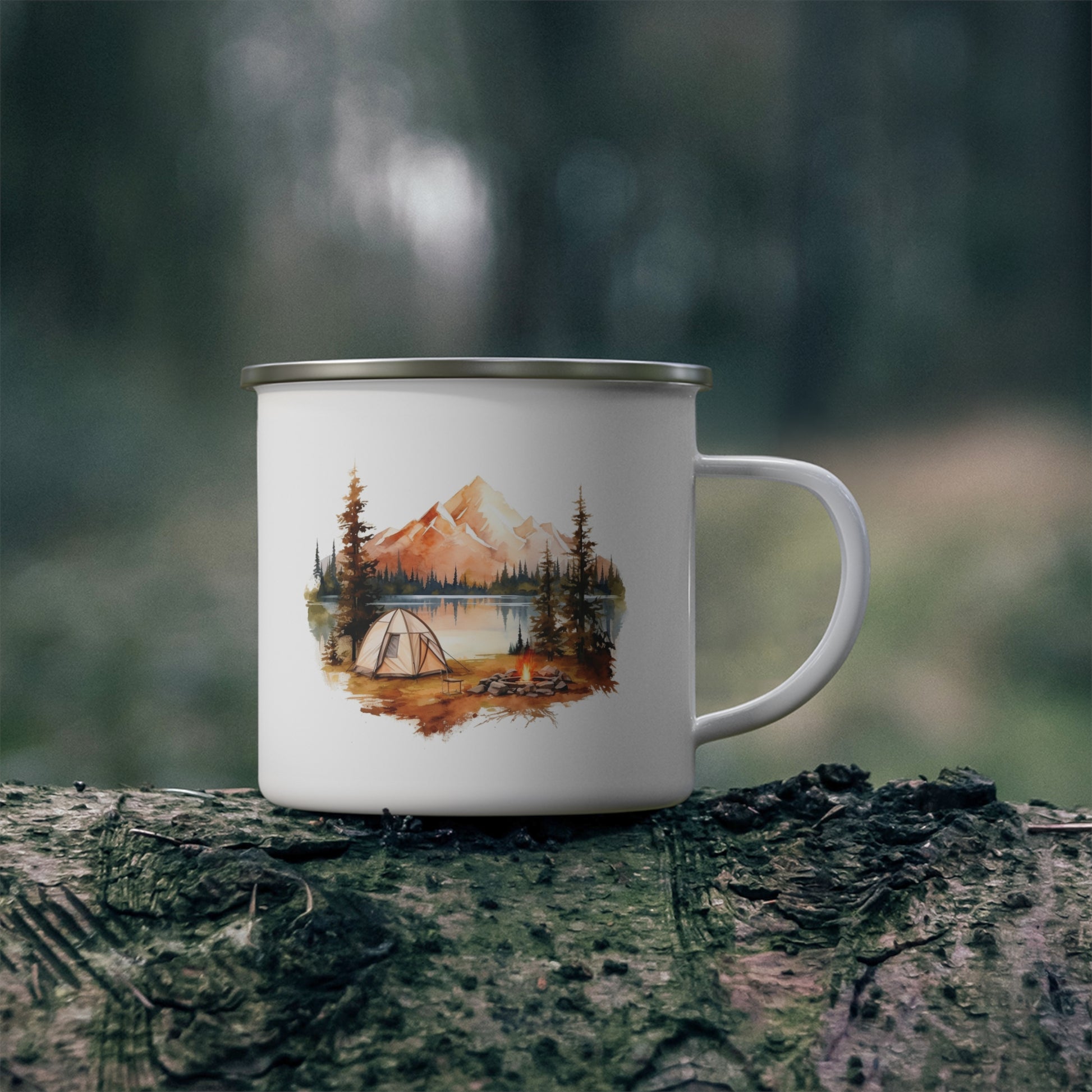 Camping Lake View Enamel Mug with Mountain Tent Scene