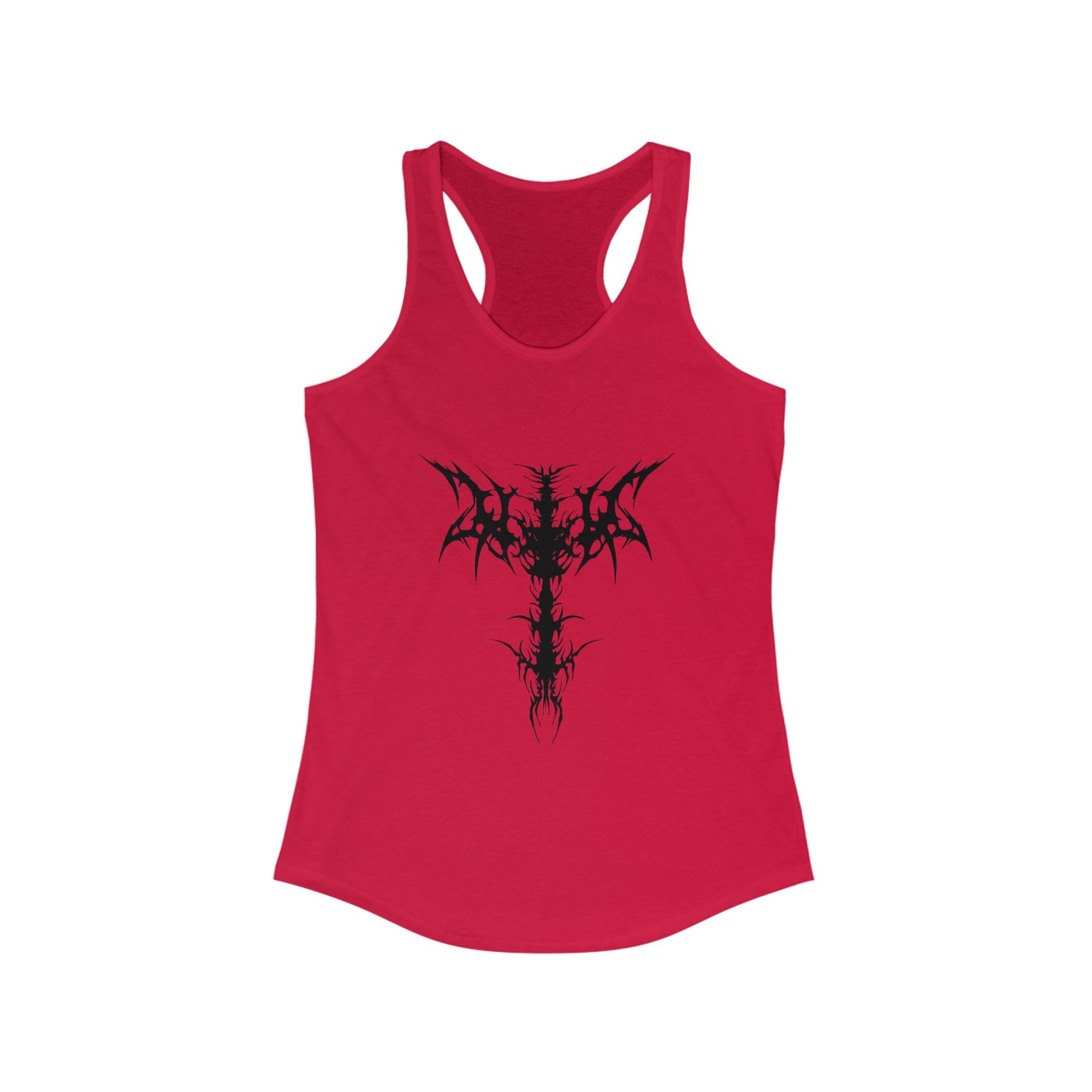 Racerback tank with a bold black gothic cross for striking alternative style