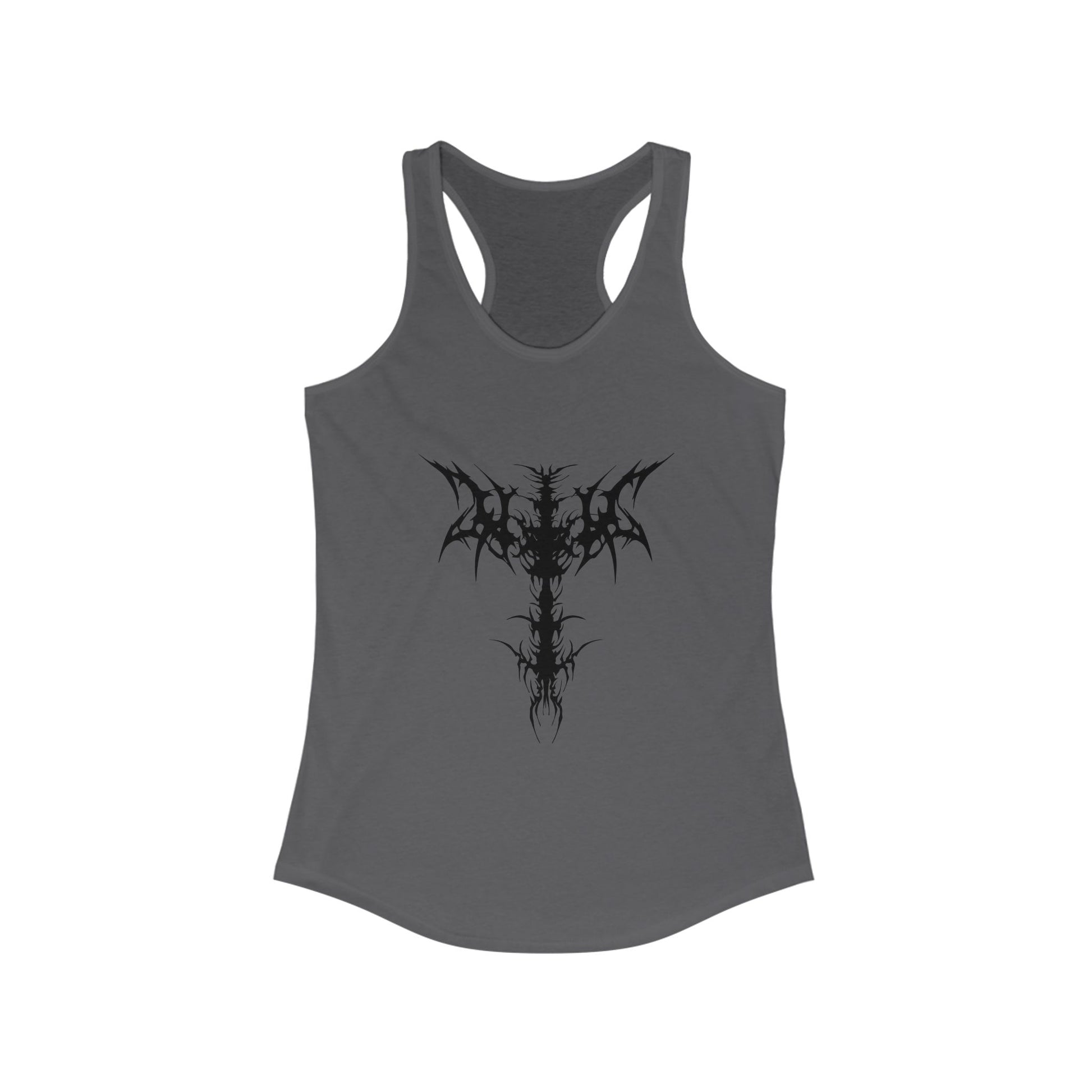 Racerback tank with a bold black gothic cross for striking alternative style