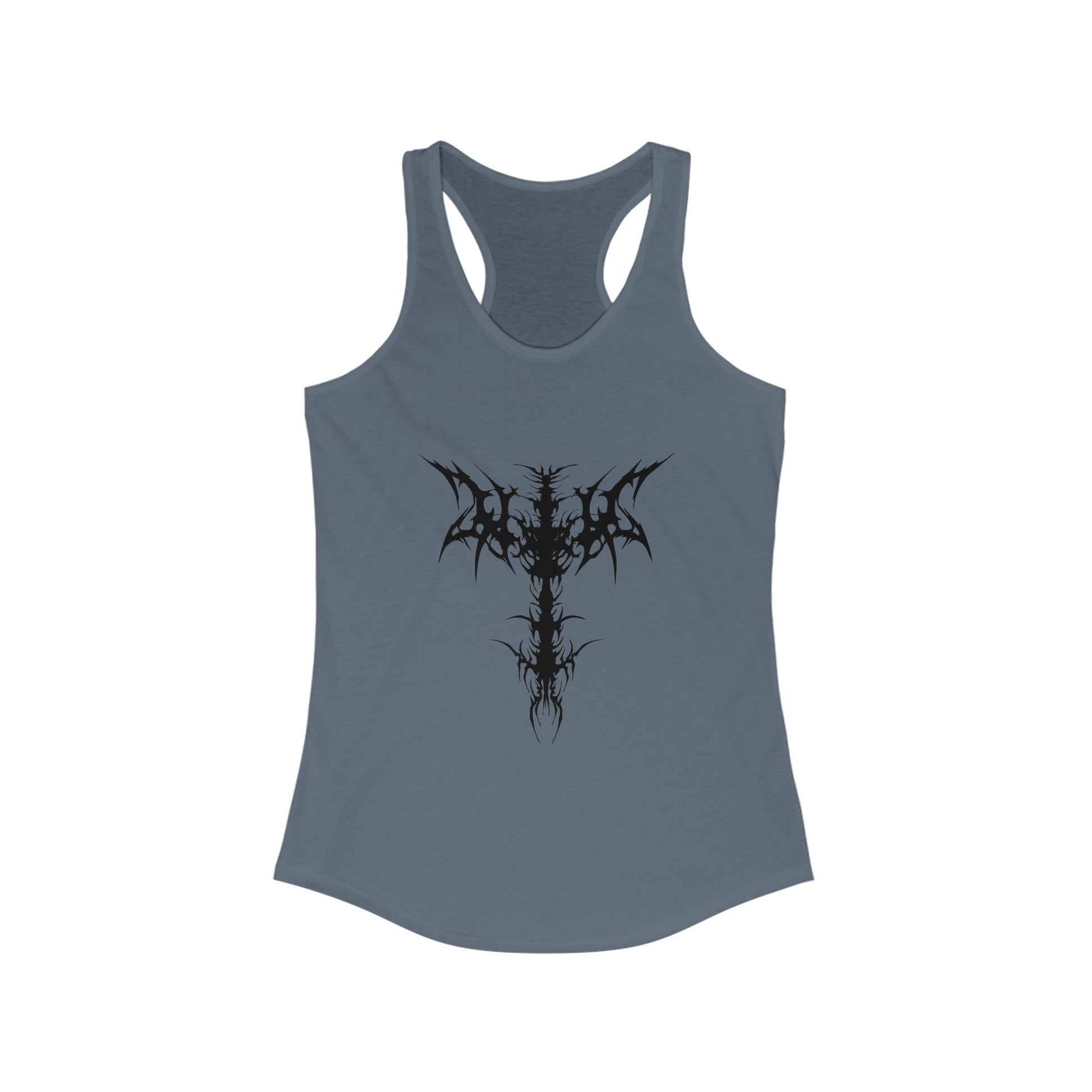 Racerback tank with a bold black gothic cross for striking alternative style