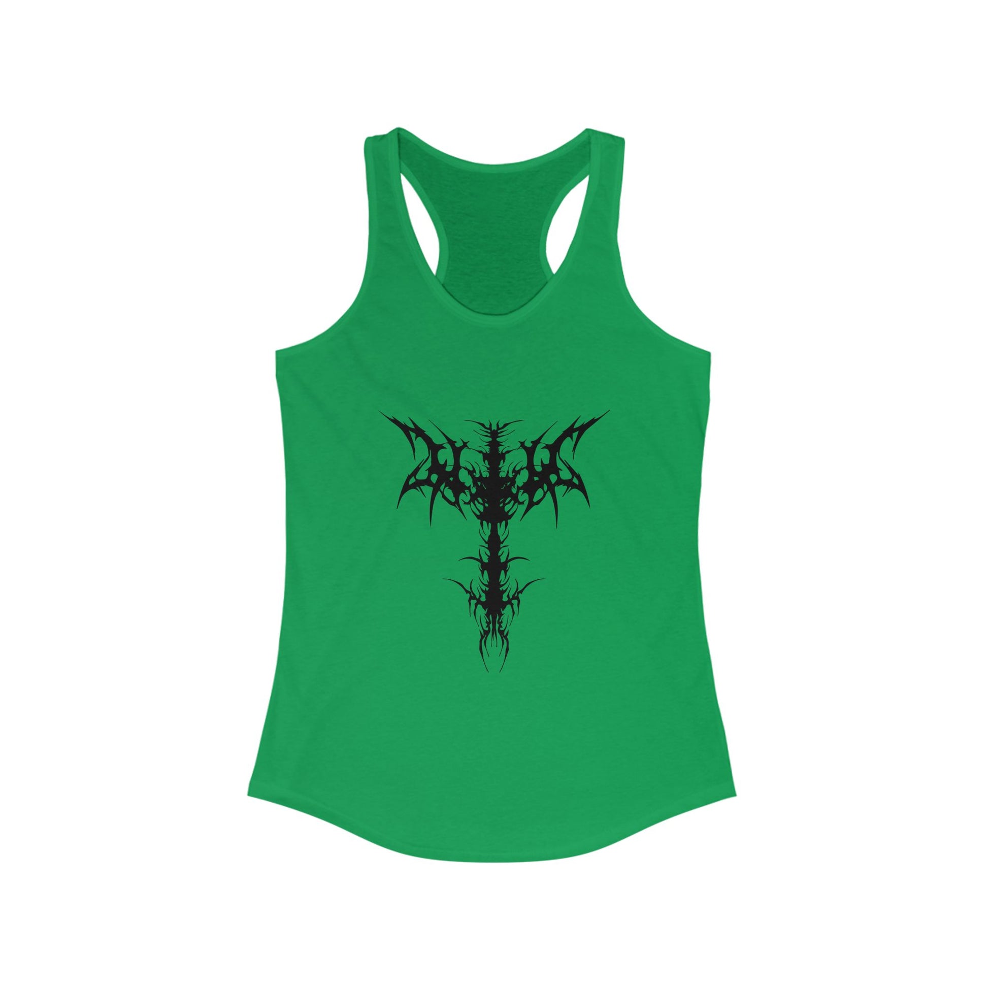 Racerback tank with a bold black gothic cross for striking alternative style