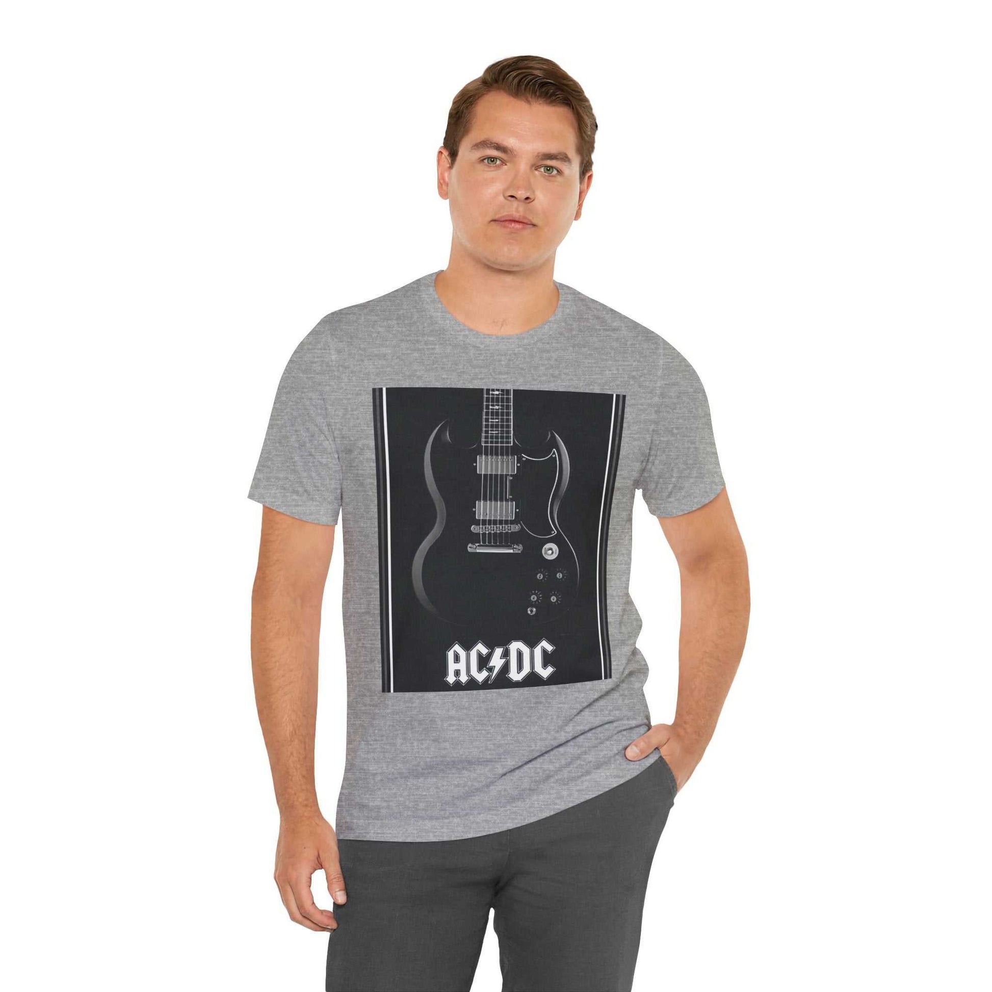 Man wearing gray Rock Guitar Graphic Tee with black electric guitar and AC/DC logo print