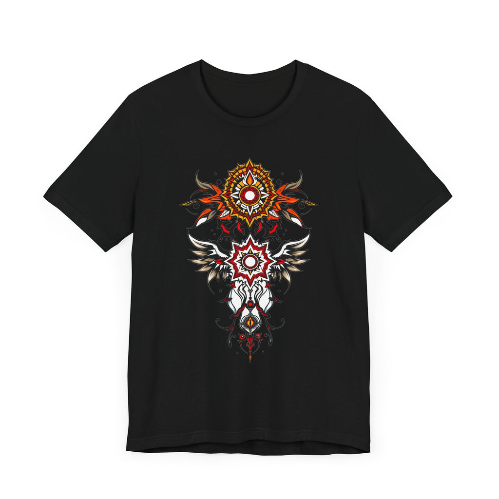Turn heads in this tee, available in vibrant colors, showcasing a fiery red and gold tribal mandala for bold, artistic style