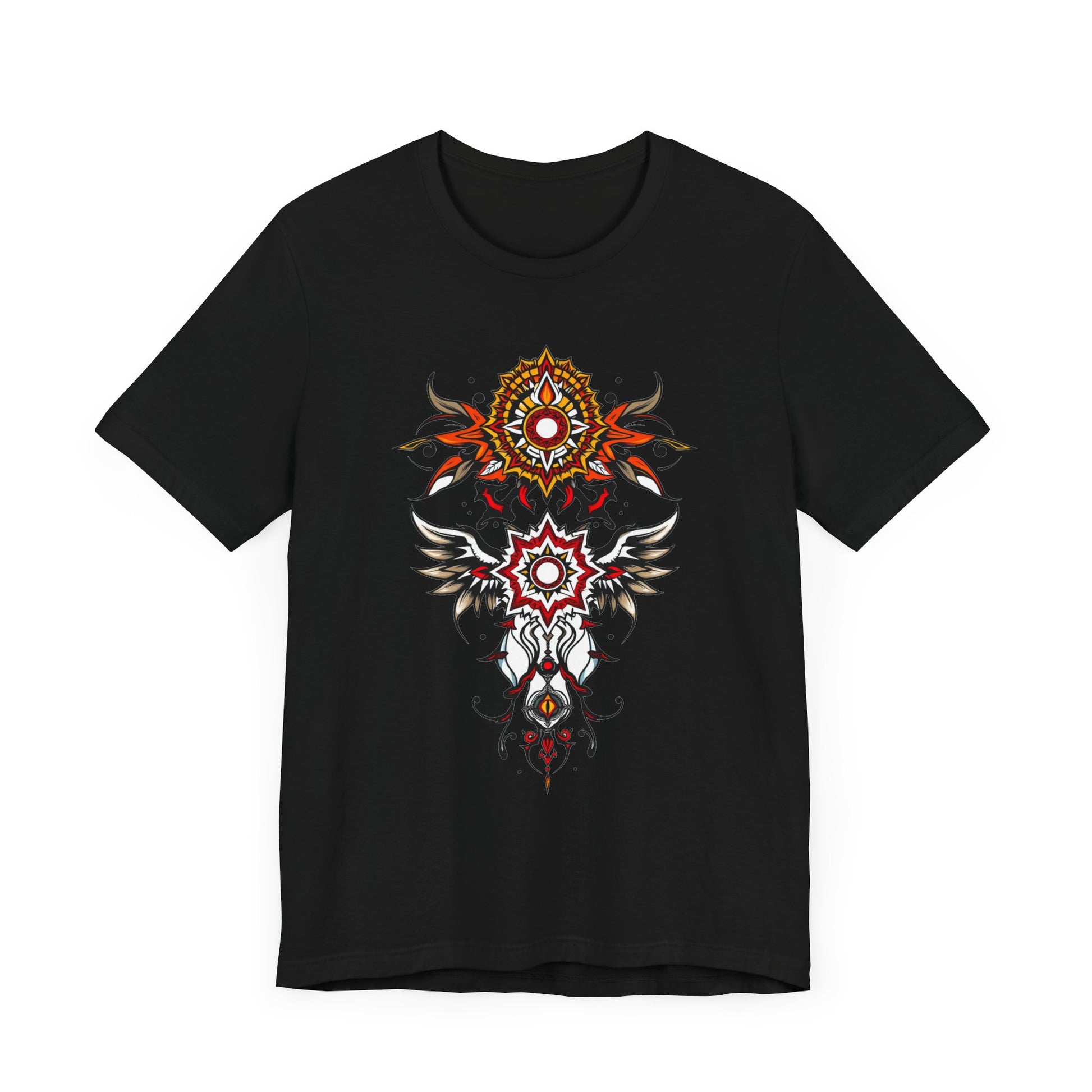 Turn heads in this tee, available in vibrant colors, showcasing a fiery red and gold tribal mandala for bold, artistic style