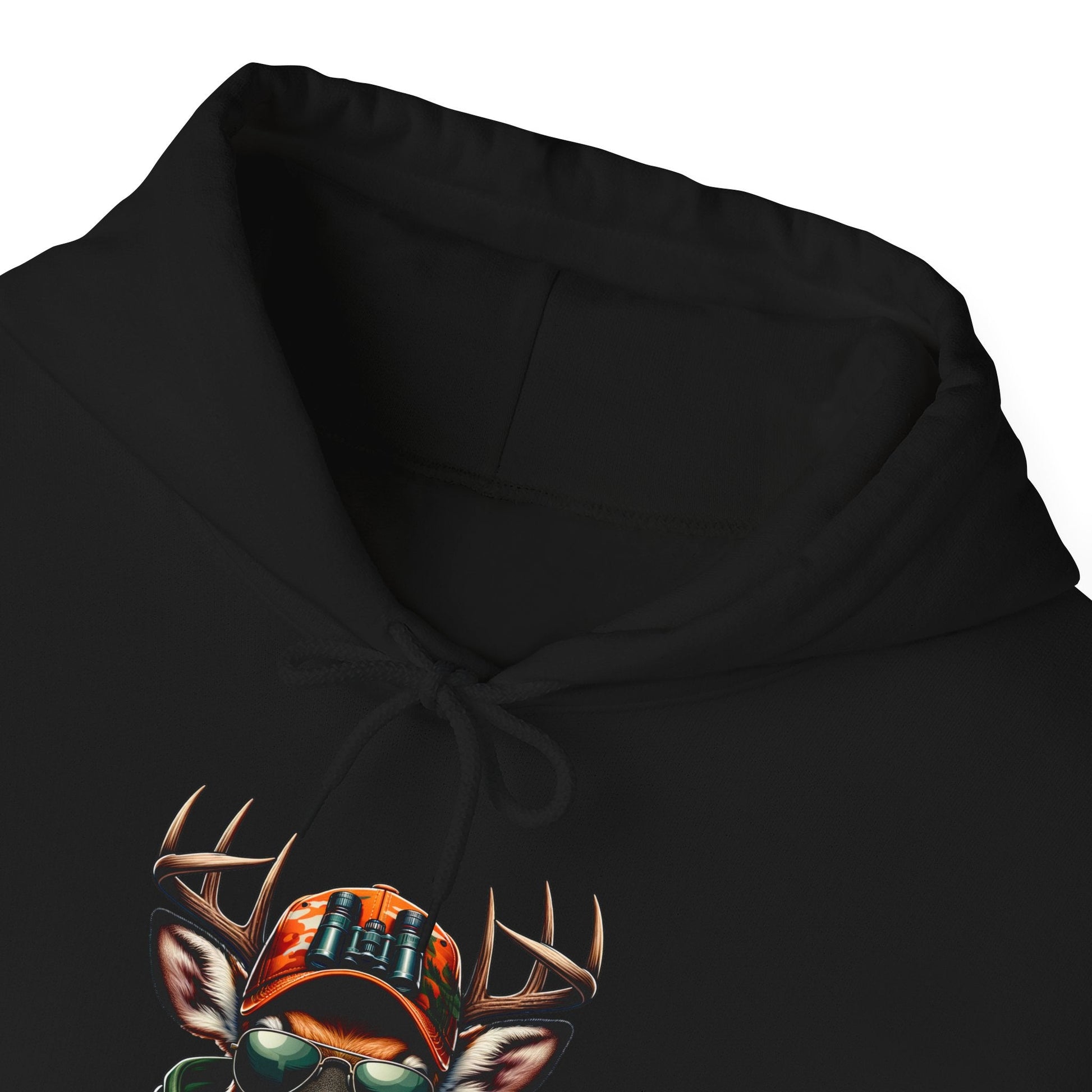 Black hooded sweatshirt featuring a bold deer design with binoculars and an orange camo hat.