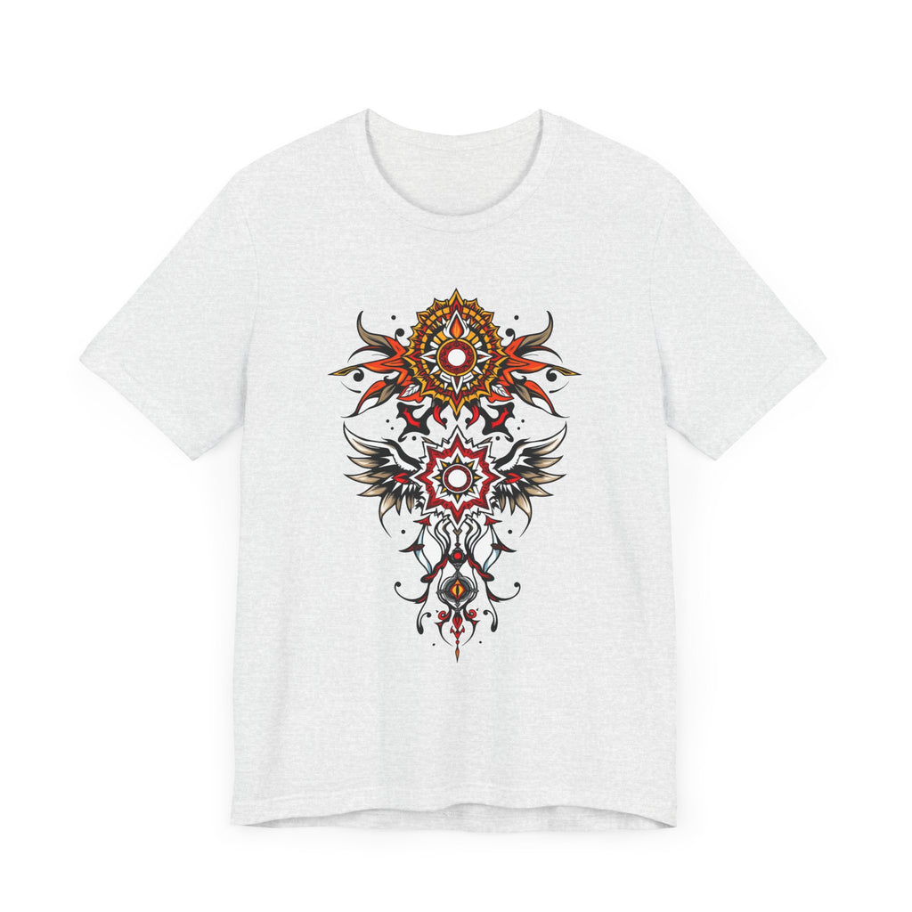 Turn heads in this tee, available in vibrant colors, showcasing a fiery red and gold tribal mandala for bold, artistic style