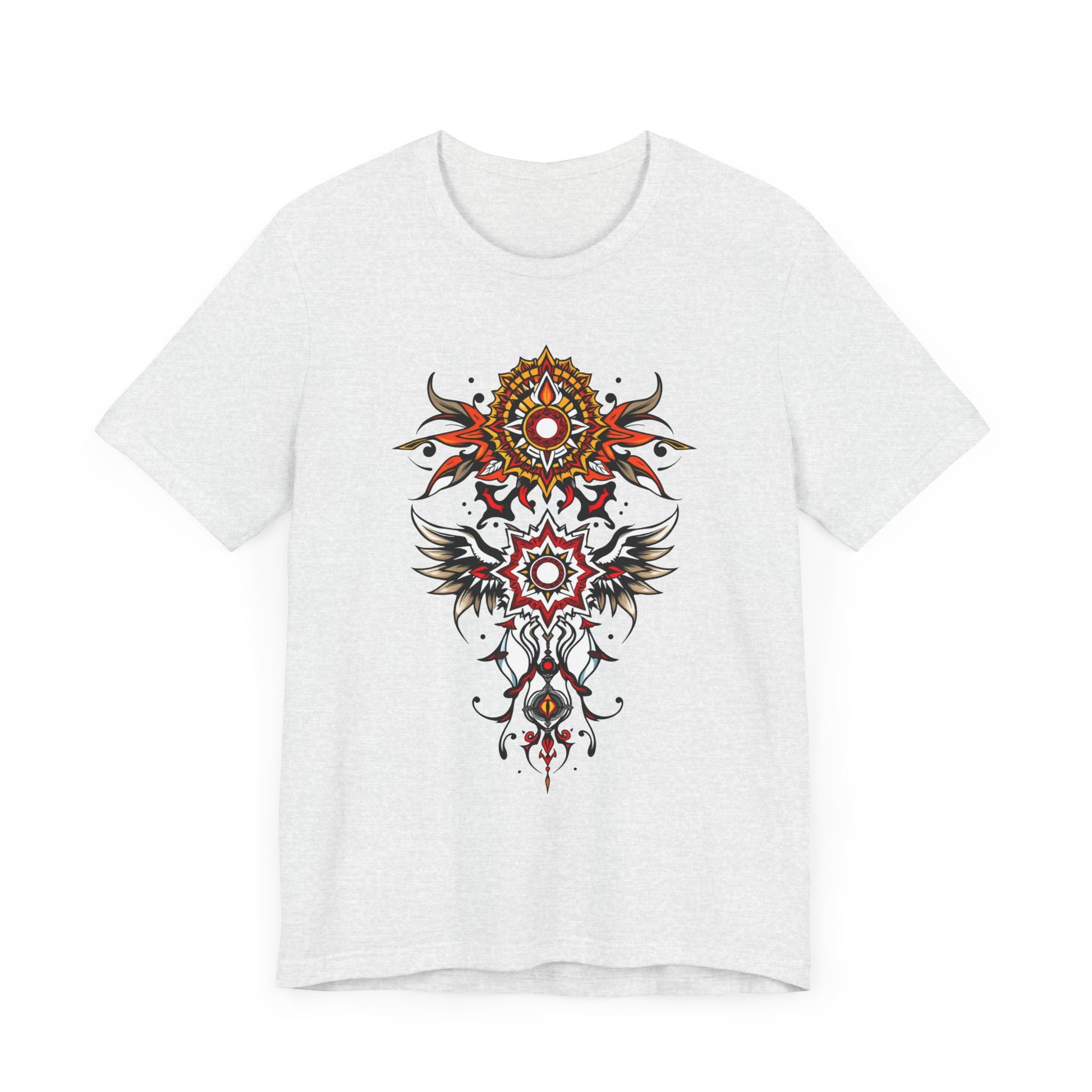 Turn heads in this tee, available in vibrant colors, showcasing a fiery red and gold tribal mandala for bold, artistic style