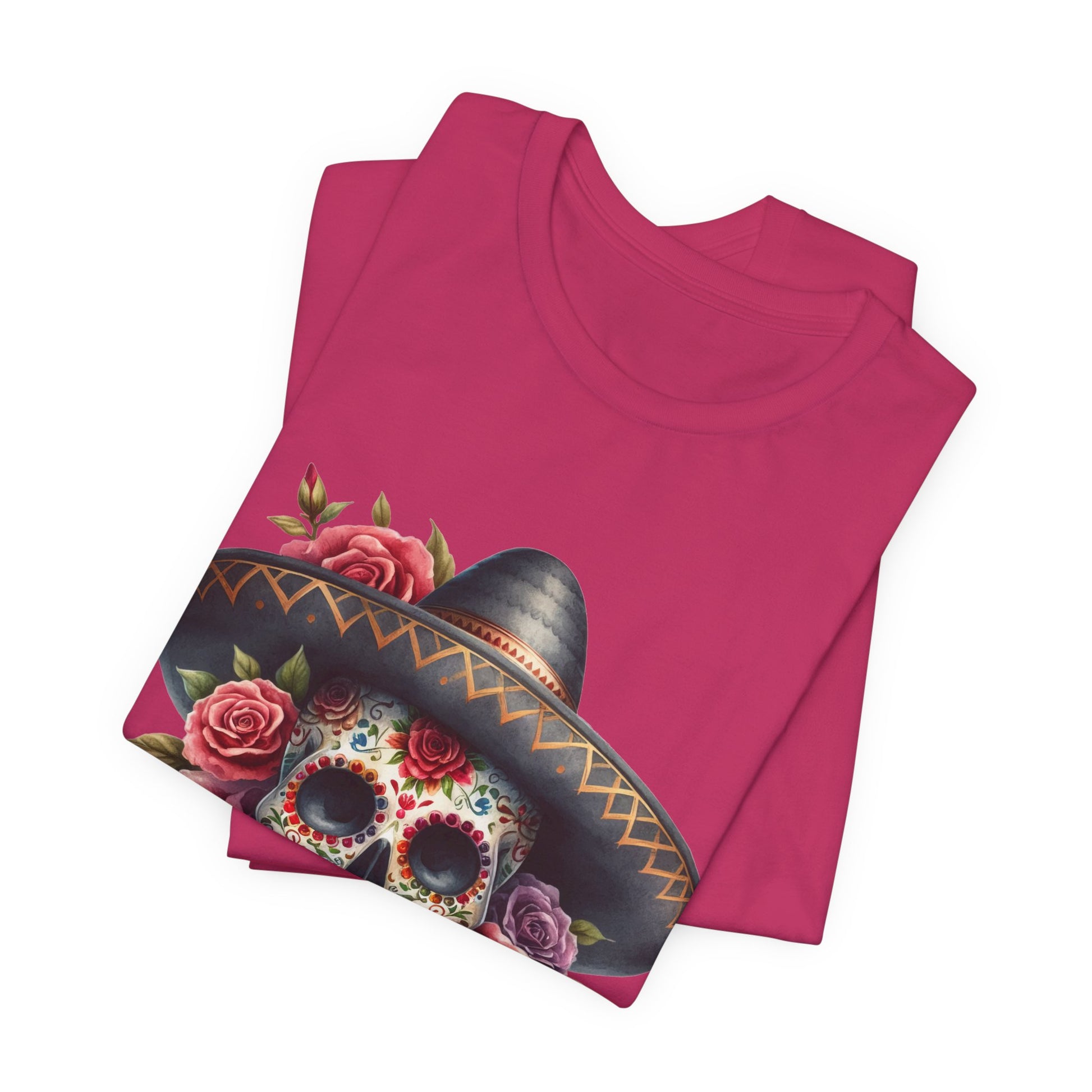 Colorful tee featuring a sugar skull in sombrero and roses for vibrant fiesta vibes
