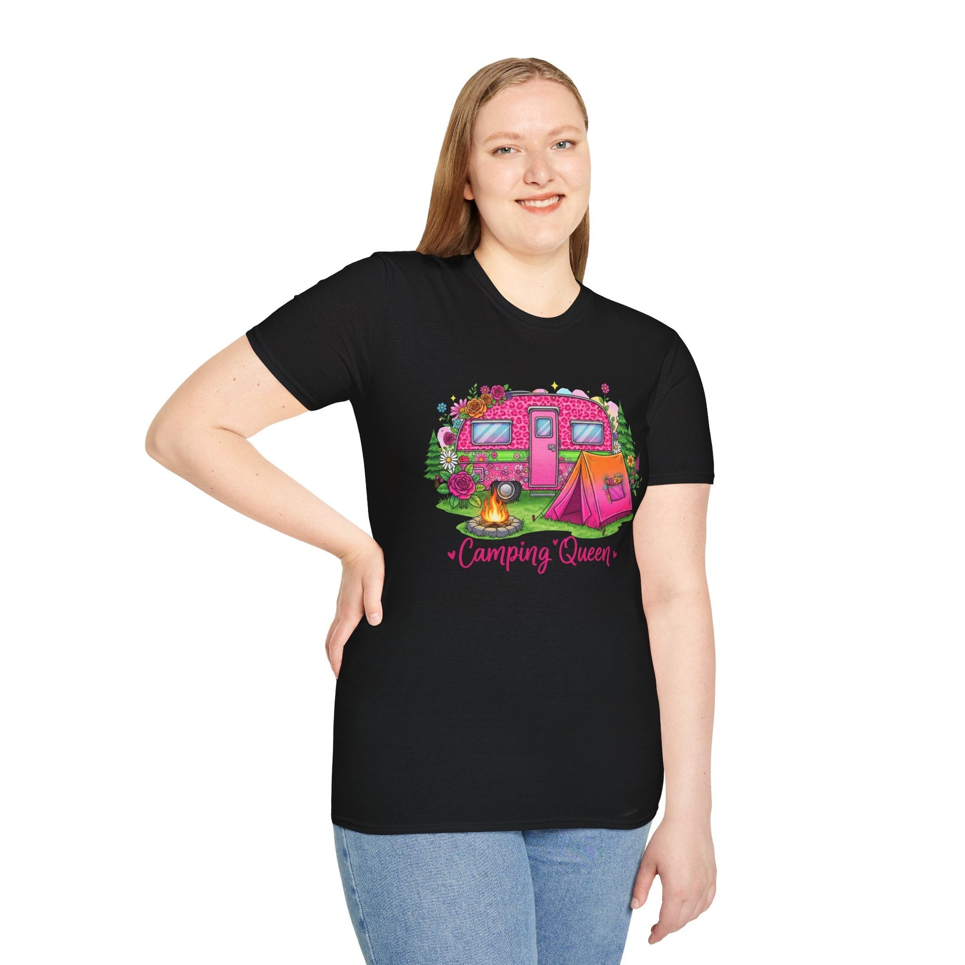 Woman wearing black Camping Queen T-Shirt with colorful pink camper, tent, and campfire design