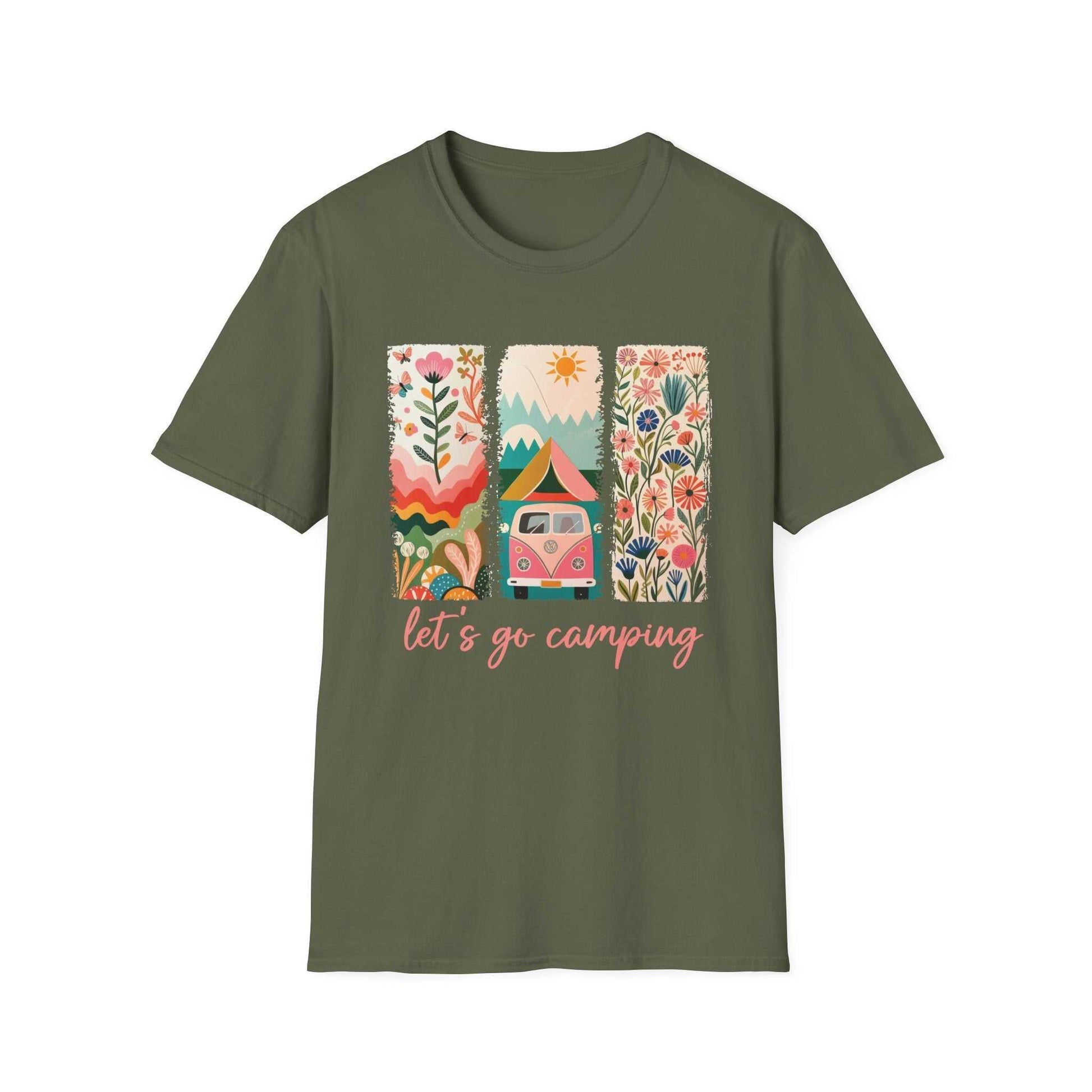Unisex olive green Camping Adventure t-shirt with colorful nature and campervan design and "let's go camping" text