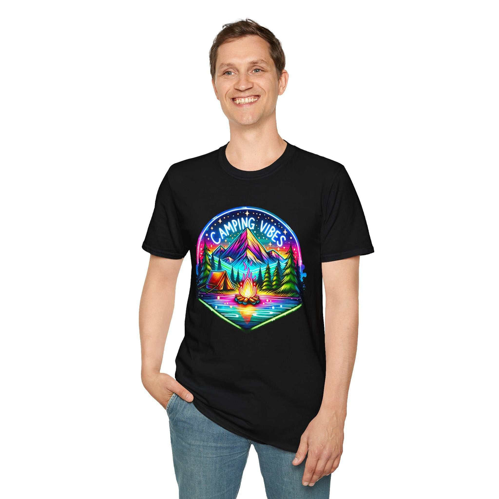 Black unisex softstyle t-shirt with colorful camping vibes graphic featuring mountains, trees, tent, and campfire.
