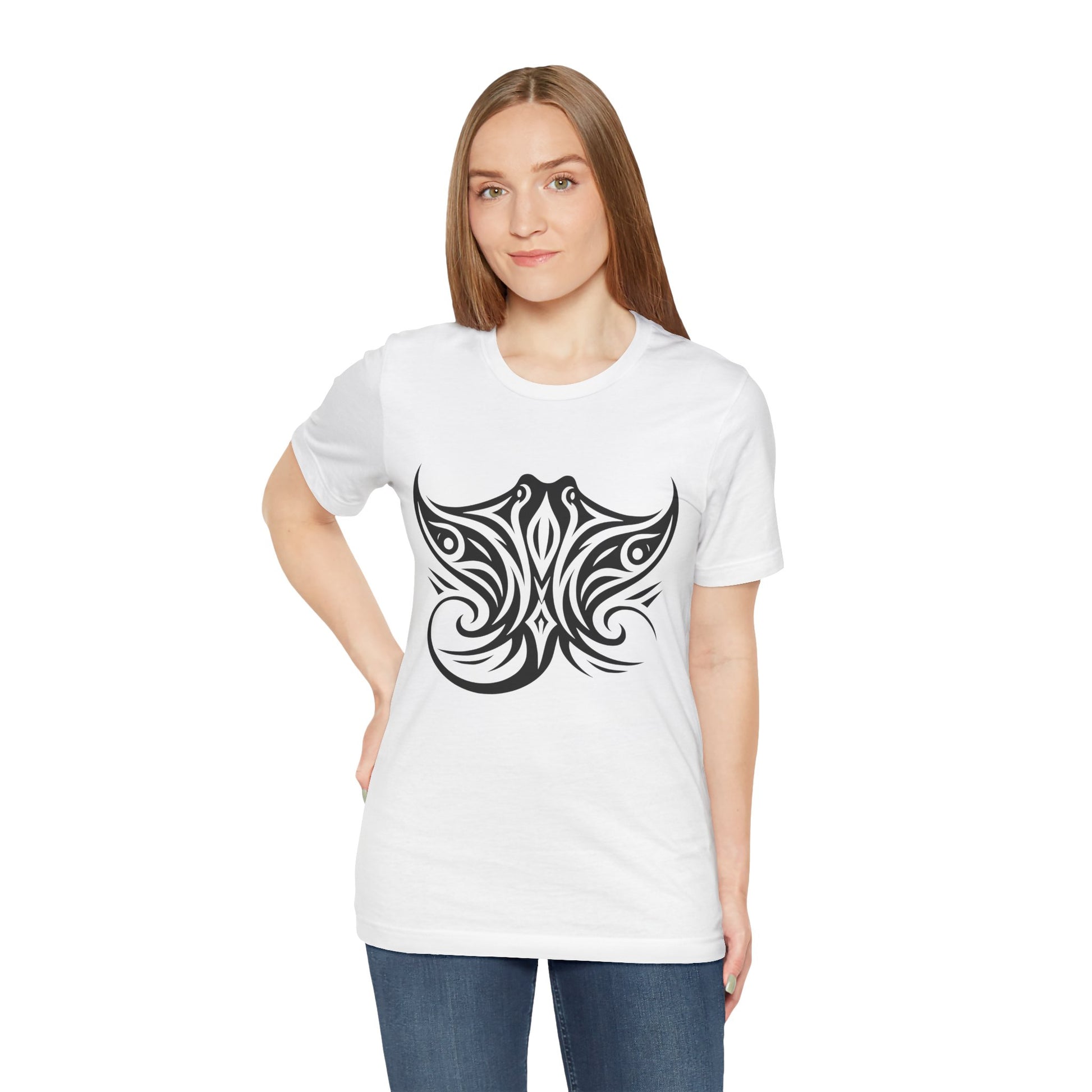 Tribal Manta Ray Tee – Bold Ocean Spirit Art on Sand-Colored Shirt