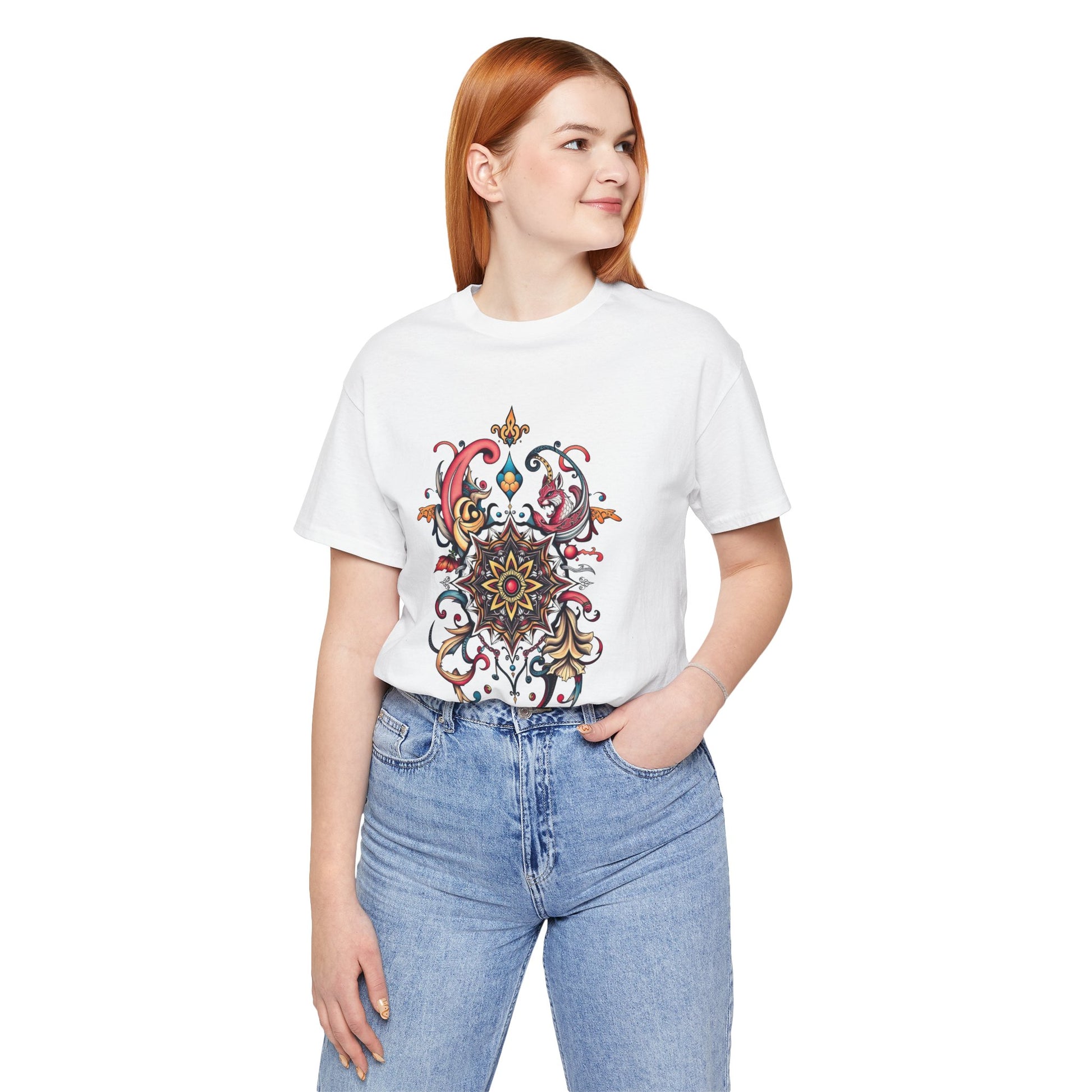 Vibrant tee with swirling mandala in reds, golds, and teal, available in many colors