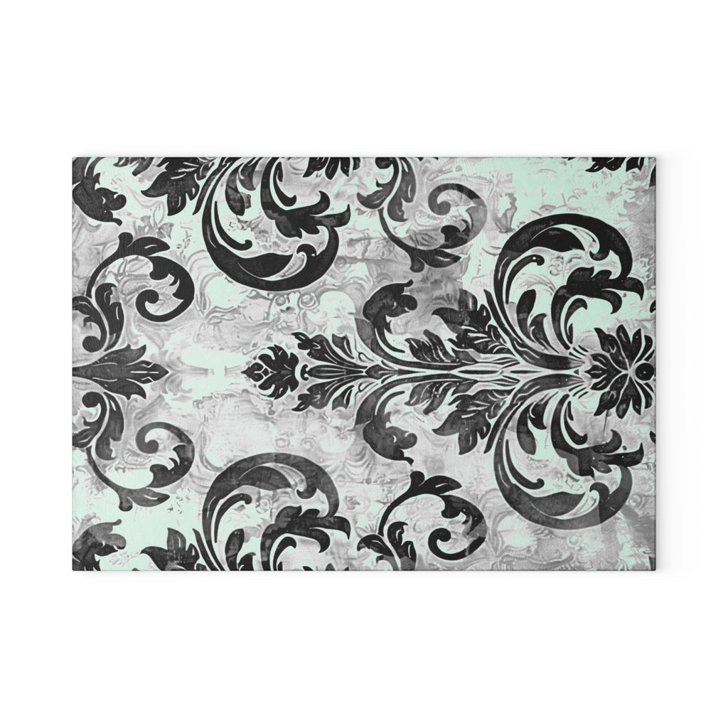 Mint and Gray Baroque Glass Cutting Board with Black Flourish Pattern