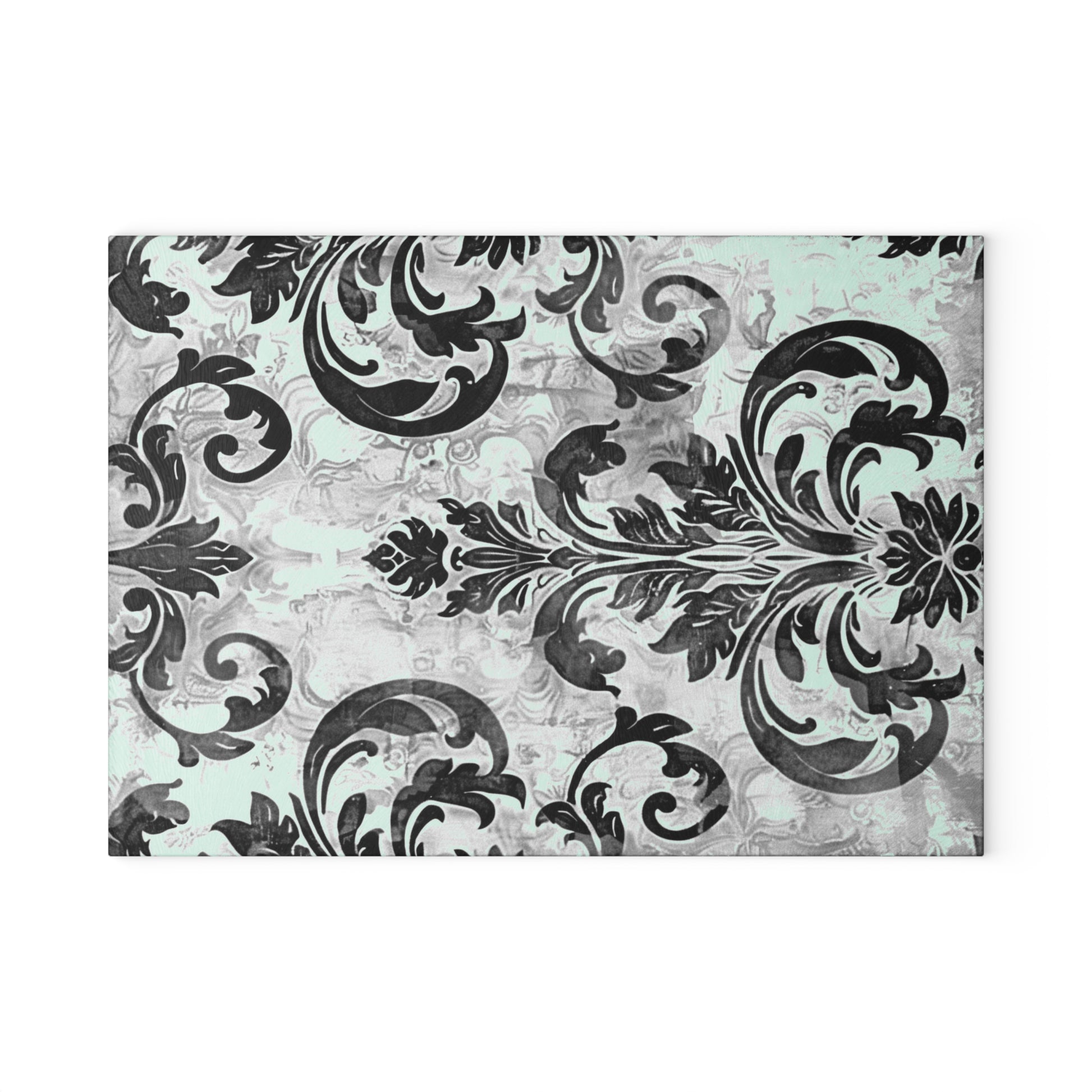 Mint and Gray Baroque Glass Cutting Board with Black Flourish Pattern