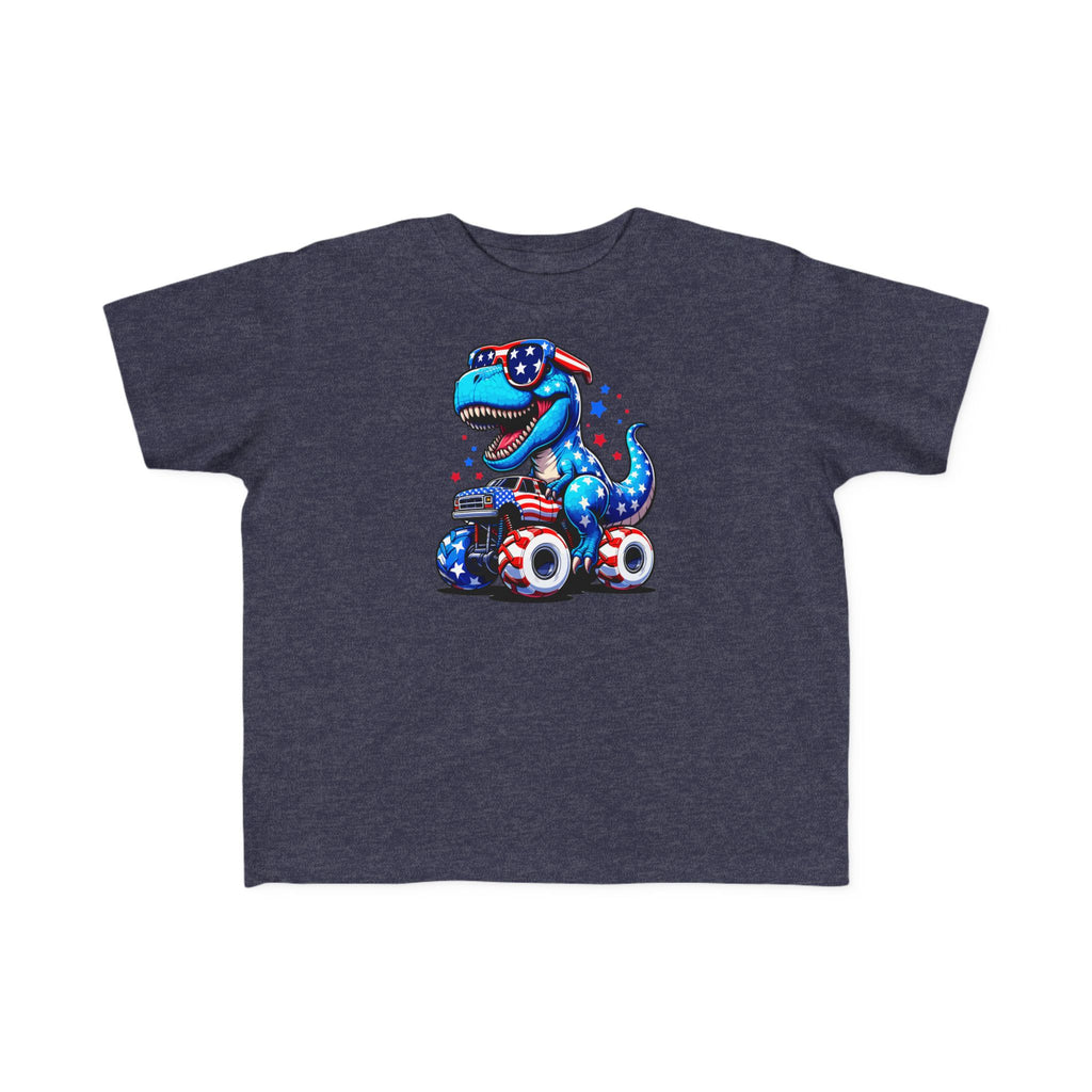 Patriotic Dino Monster Truck Kids’ T-Shirt – USA Stars & Stripes T-Rex Tee