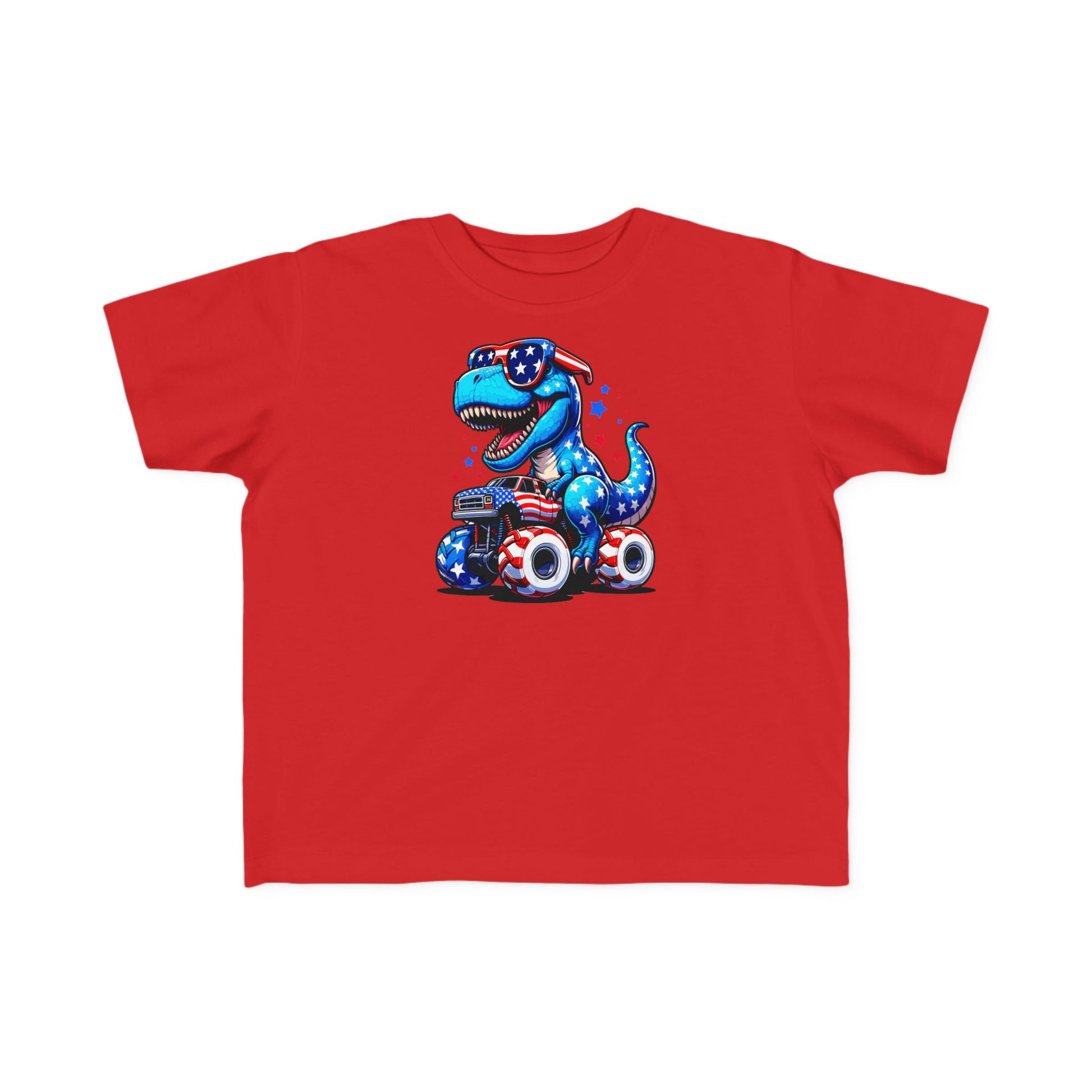 Patriotic Dino Monster Truck Kids’ T-Shirt – USA Stars & Stripes T-Rex Tee
