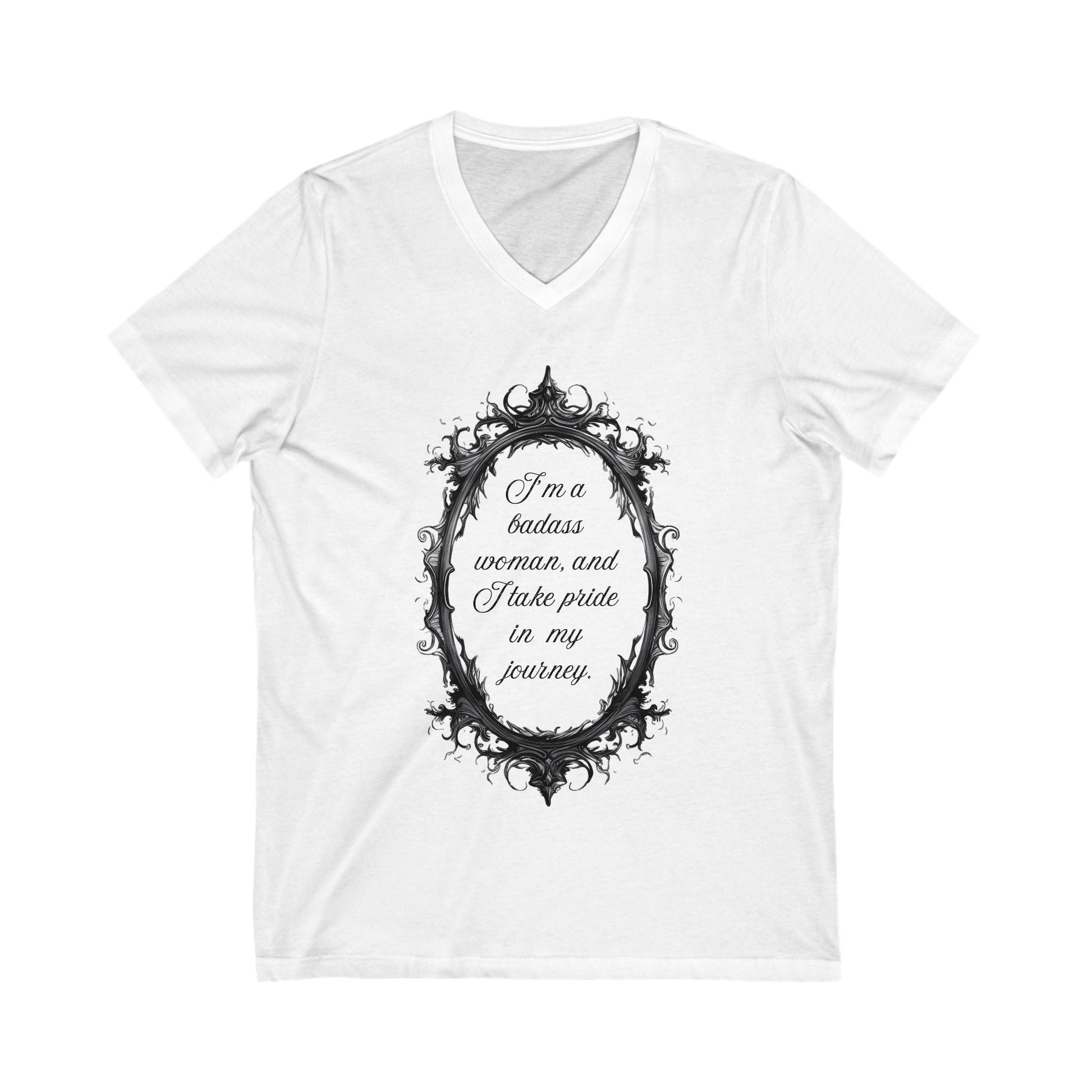 White empowering V-neck tee for women with motivational quote in ornate frame design.
