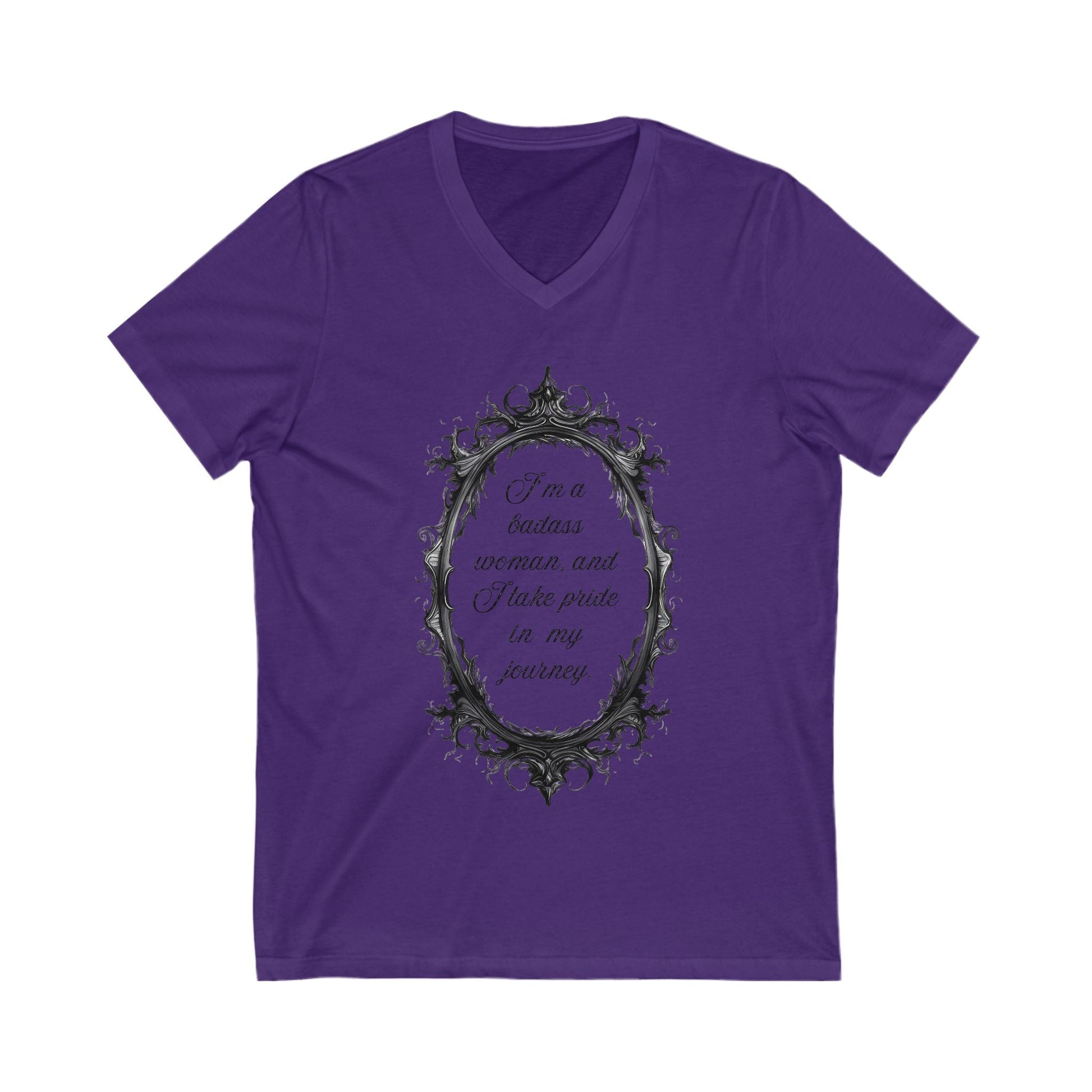Purple V-neck tee with empowering quote and ornate frame design for confident women
