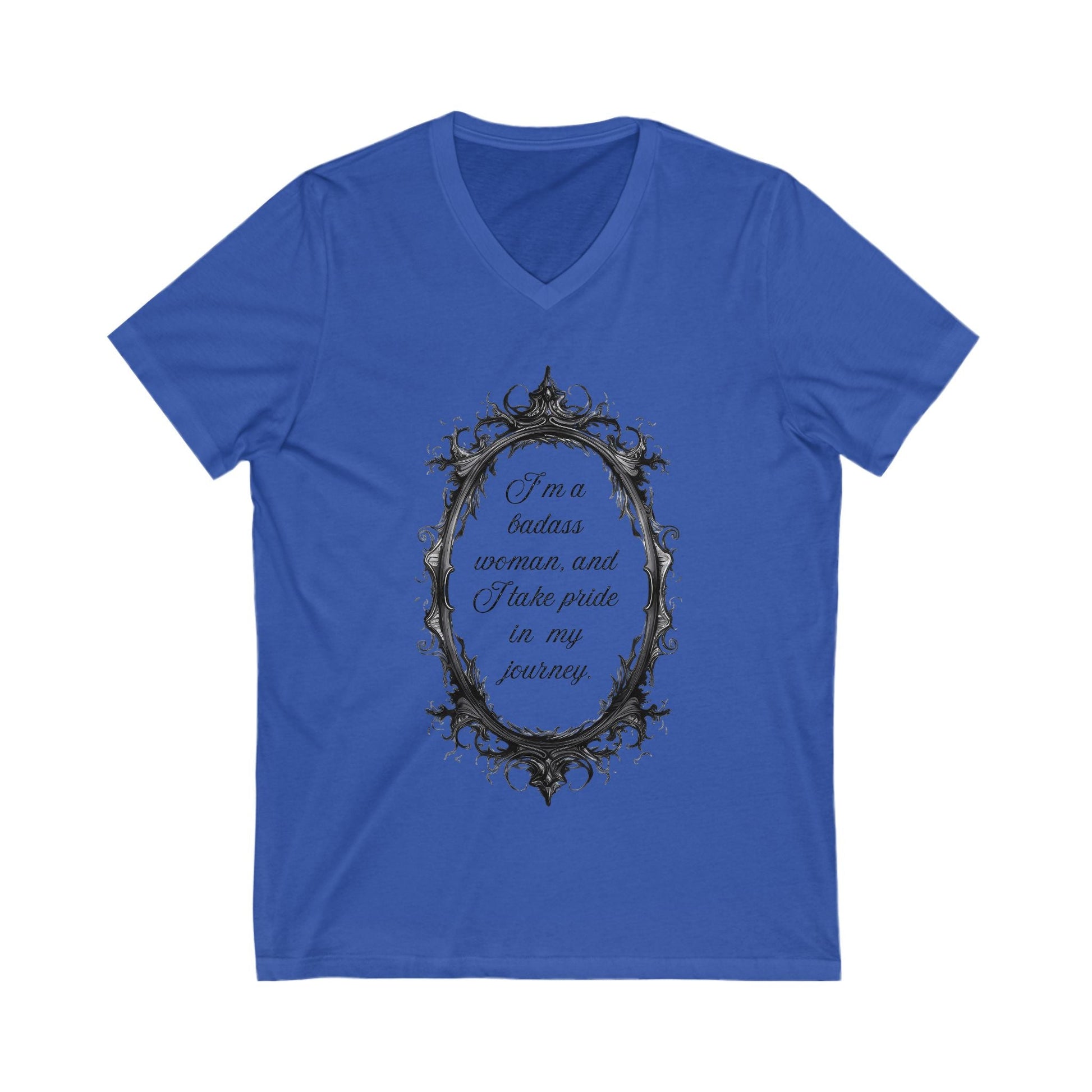 Blue Empowering V-Neck Tee for women with inspirational quote inside decorative frame design